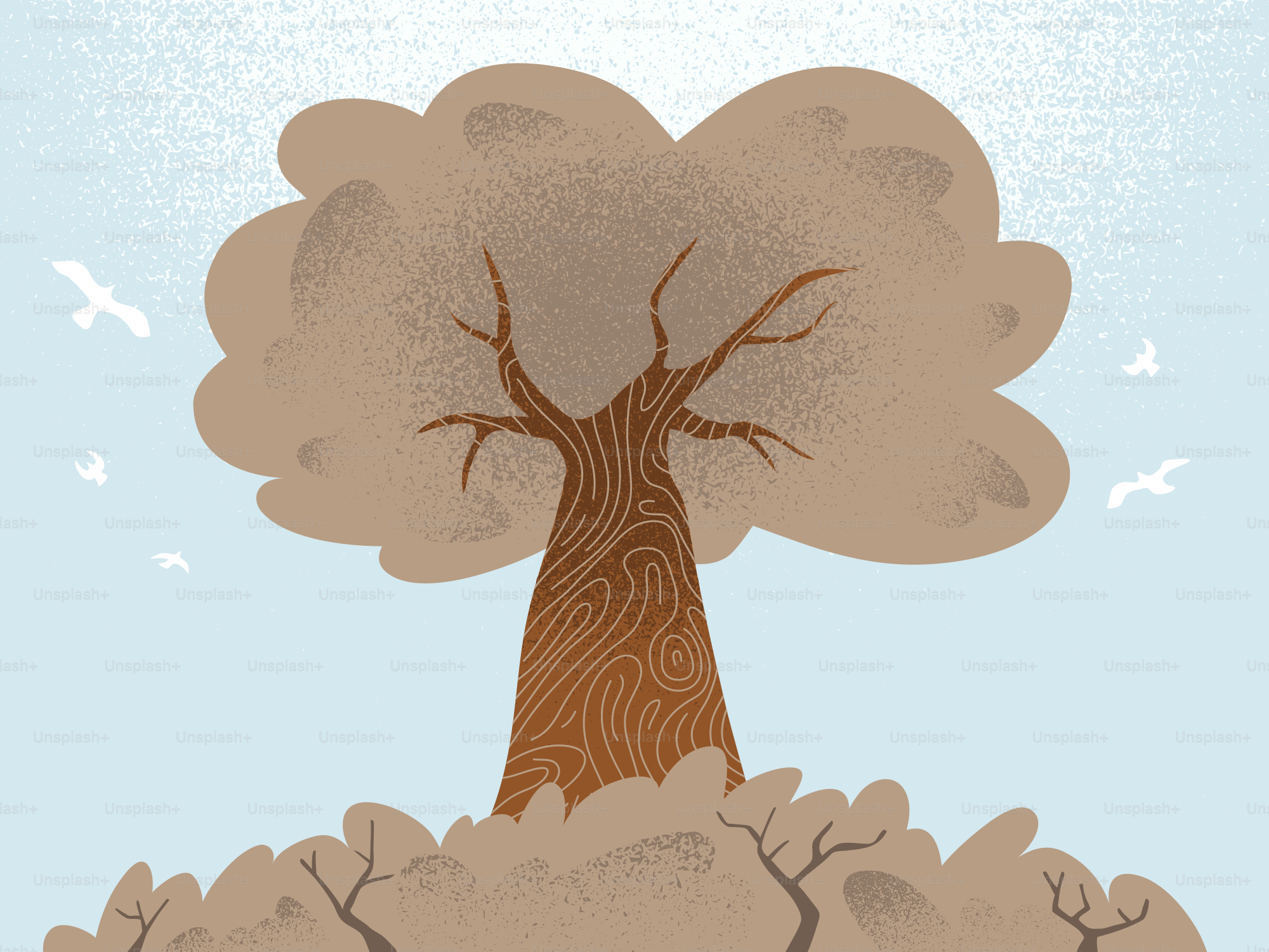 Un albero stilizzato con foglie marroni contro un cielo azzurro.