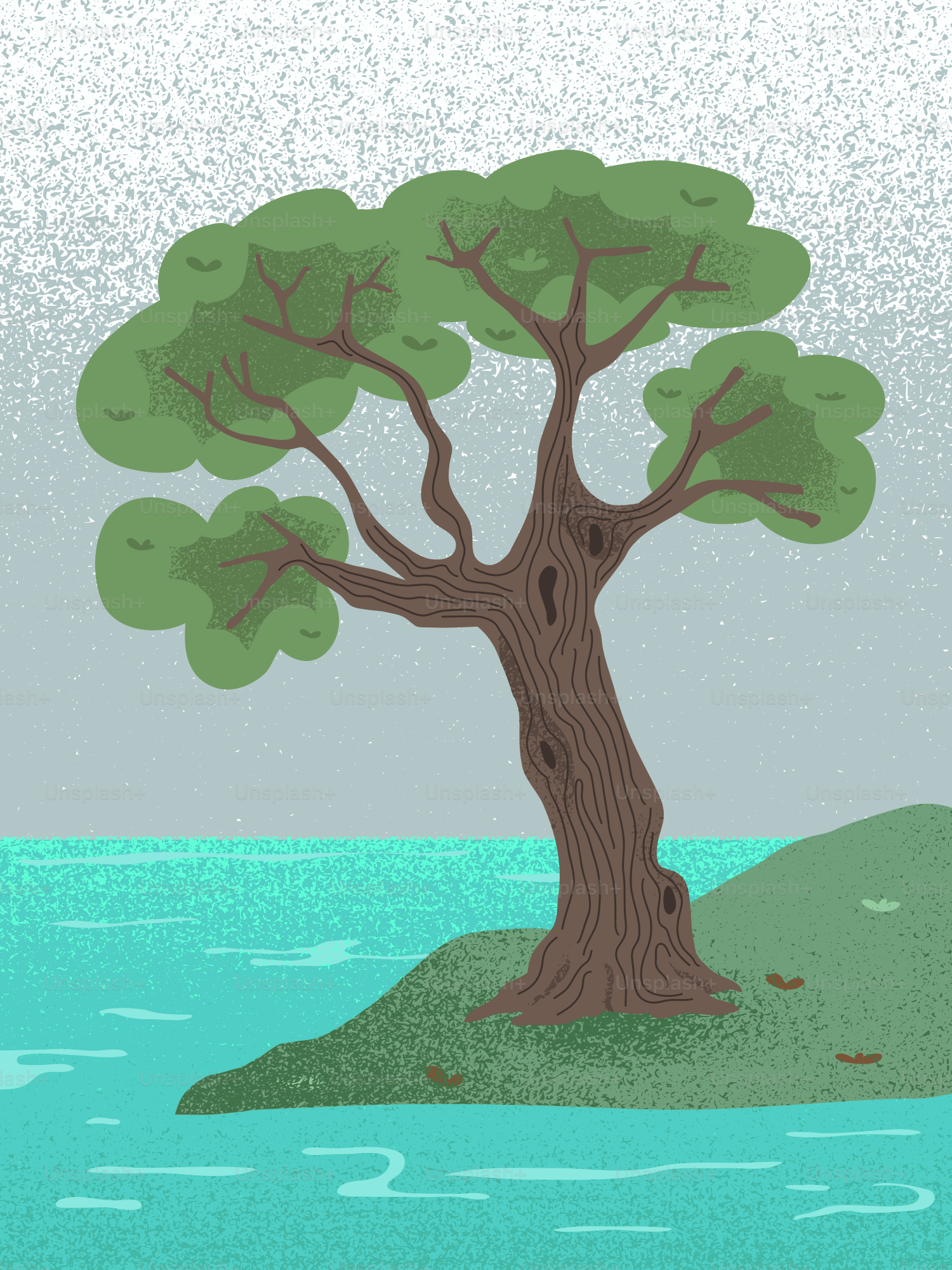 물가의 잔디 해변에 외로운 나무 한 그루