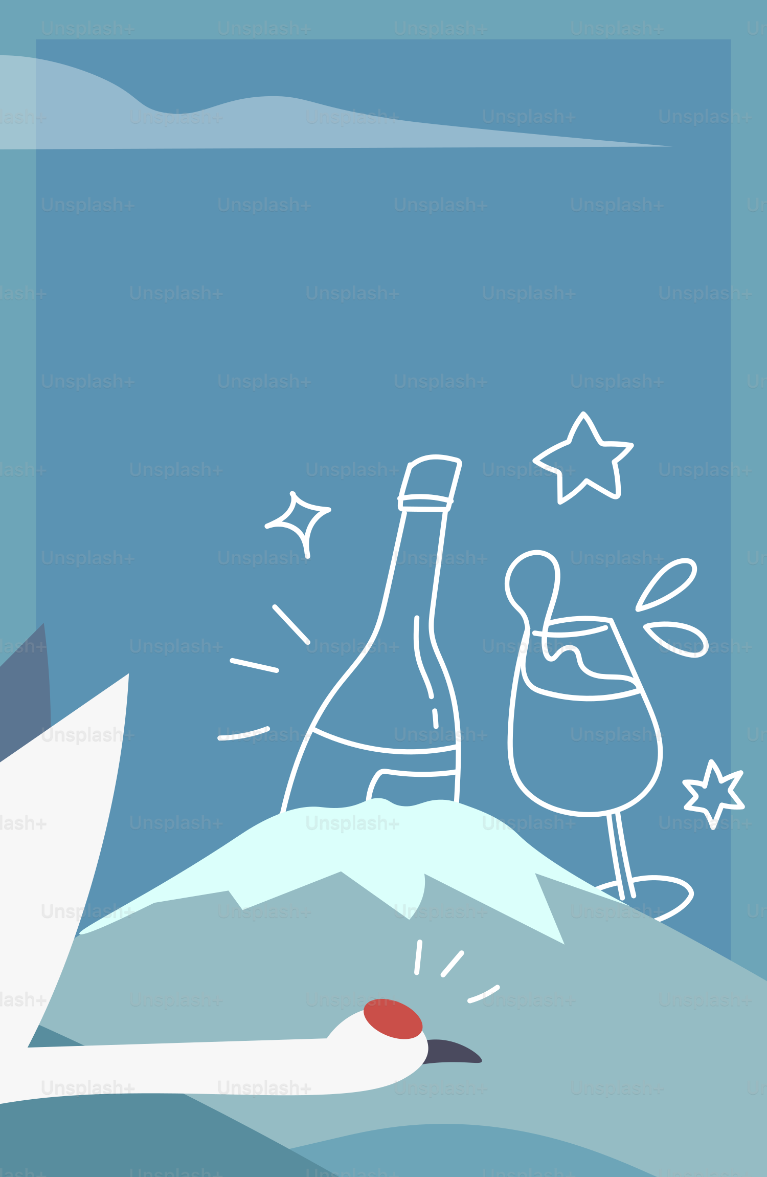 A bottle and glass with sparkling stars on a mountain.