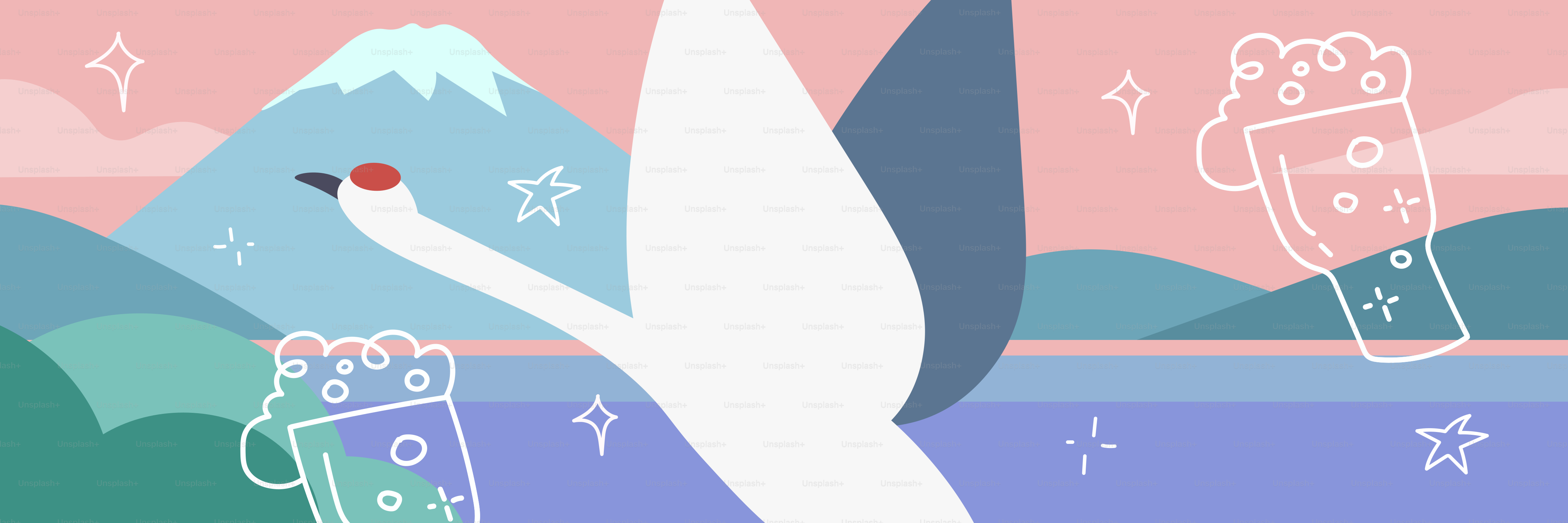 Stylized crane flies over water with mountain and beer.