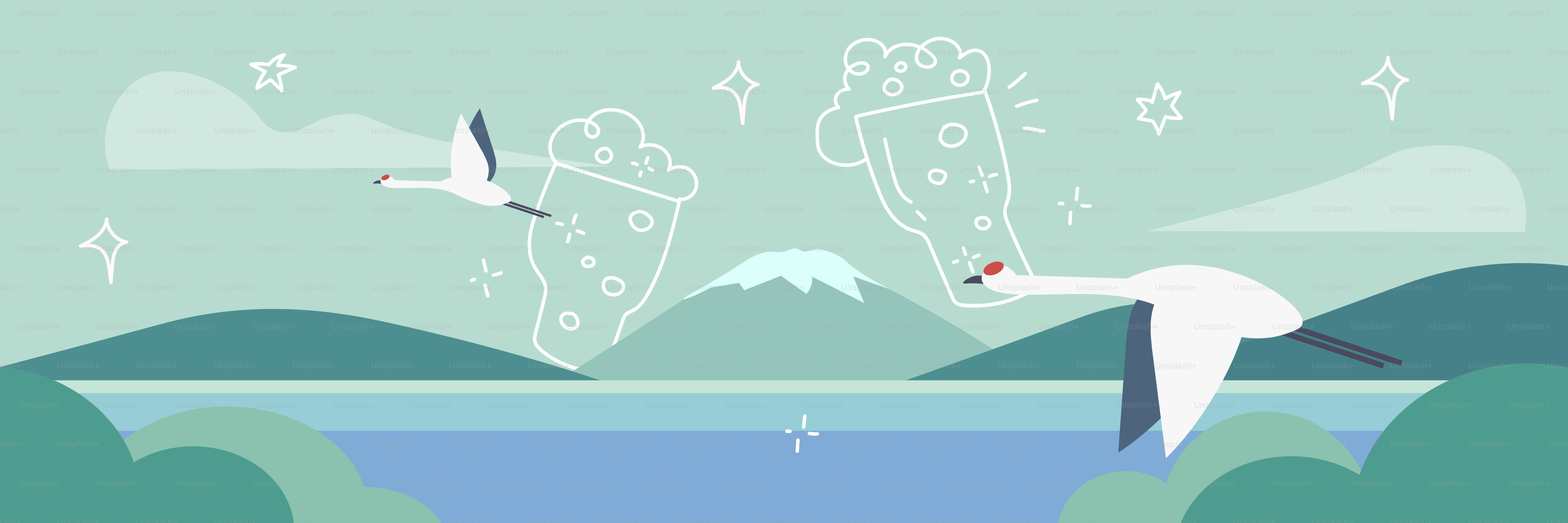 Zwei Kraniche fliegen über einen See mit dem Mount Fuji.