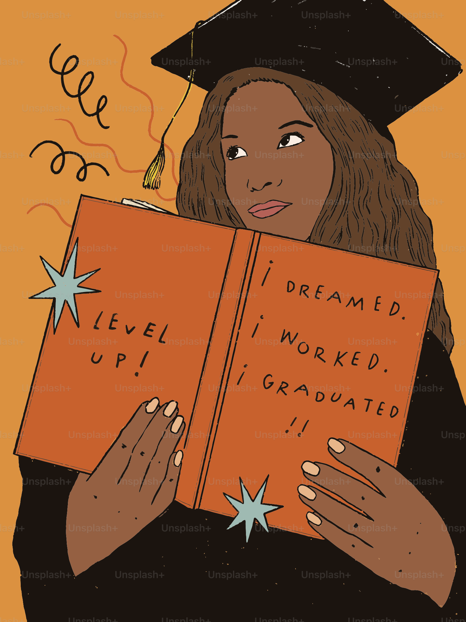 卒業帽をかぶった女性がモチベーションのある本を読む。