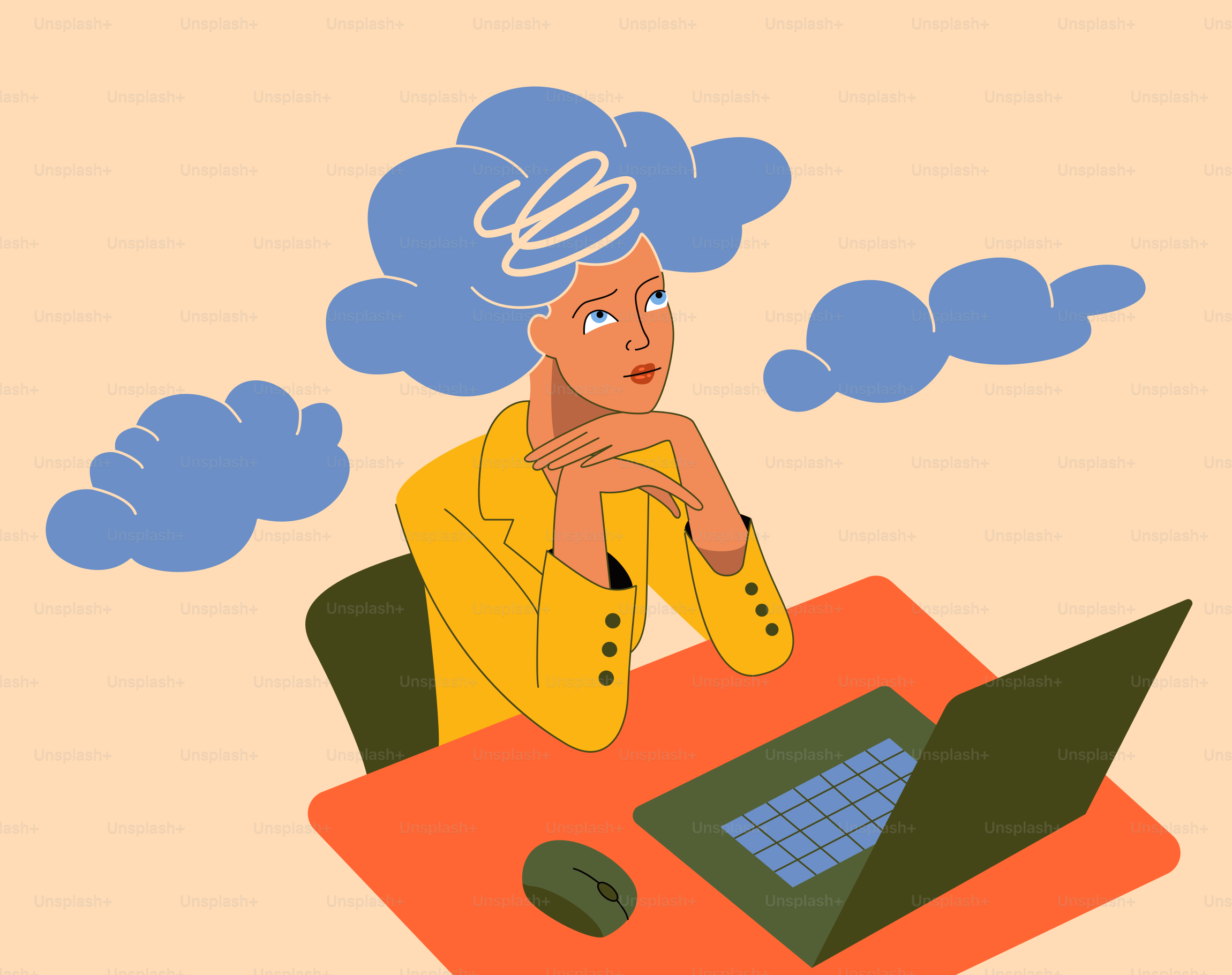 Femme aux nuages bleus au-dessus de la tête au bureau