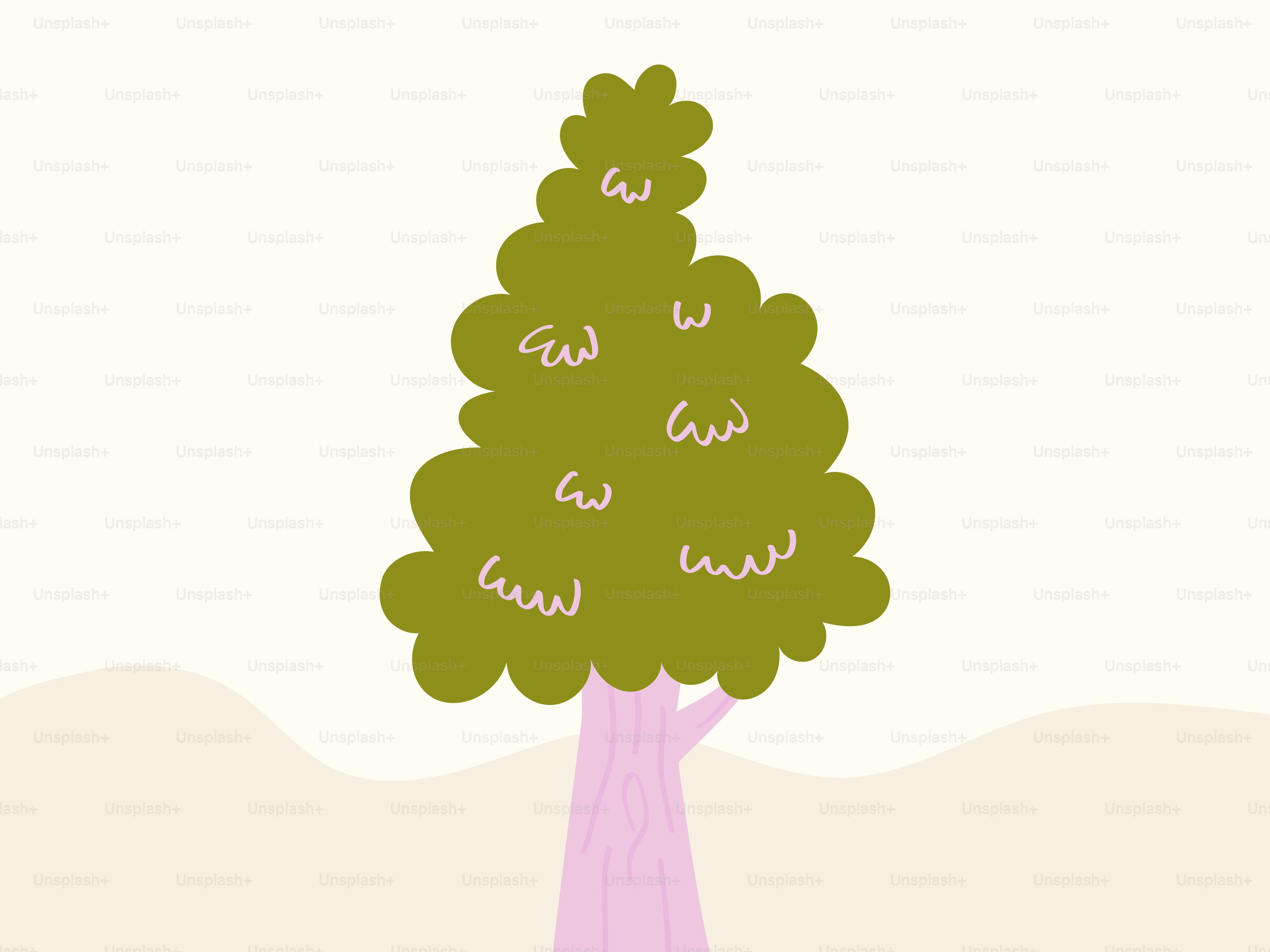 Un arbre de dessin animé avec un tronc rose et des feuilles vertes.