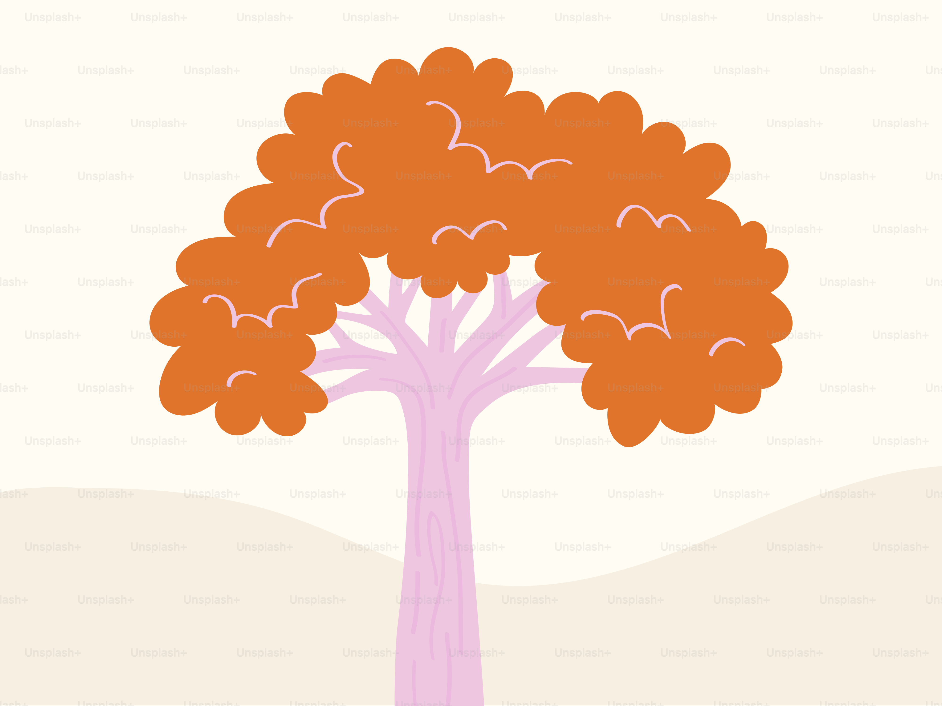 Un arbre stylisé au feuillage orange et au tronc rose.