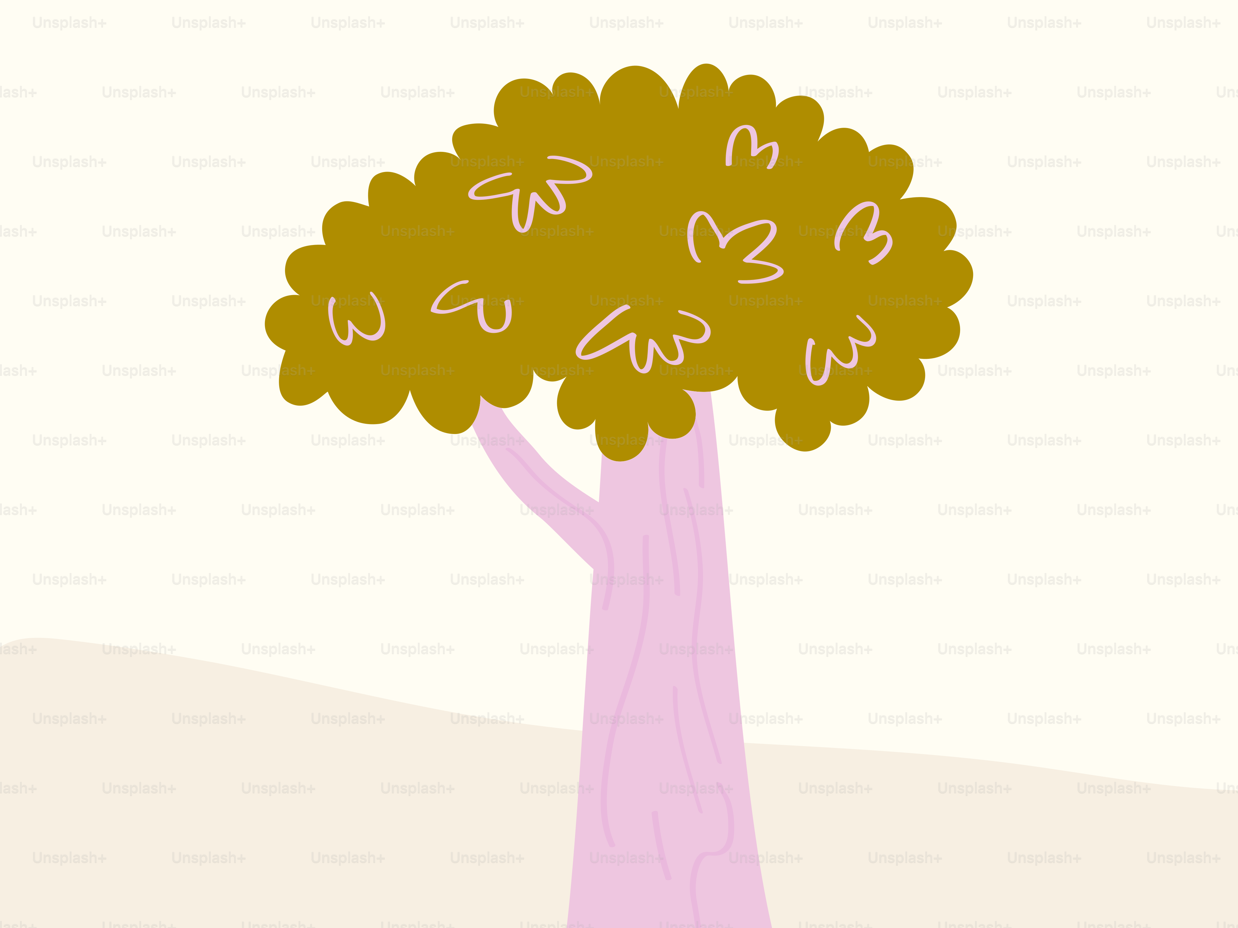 Un arbre stylisé avec un tronc rose et des feuilles vertes