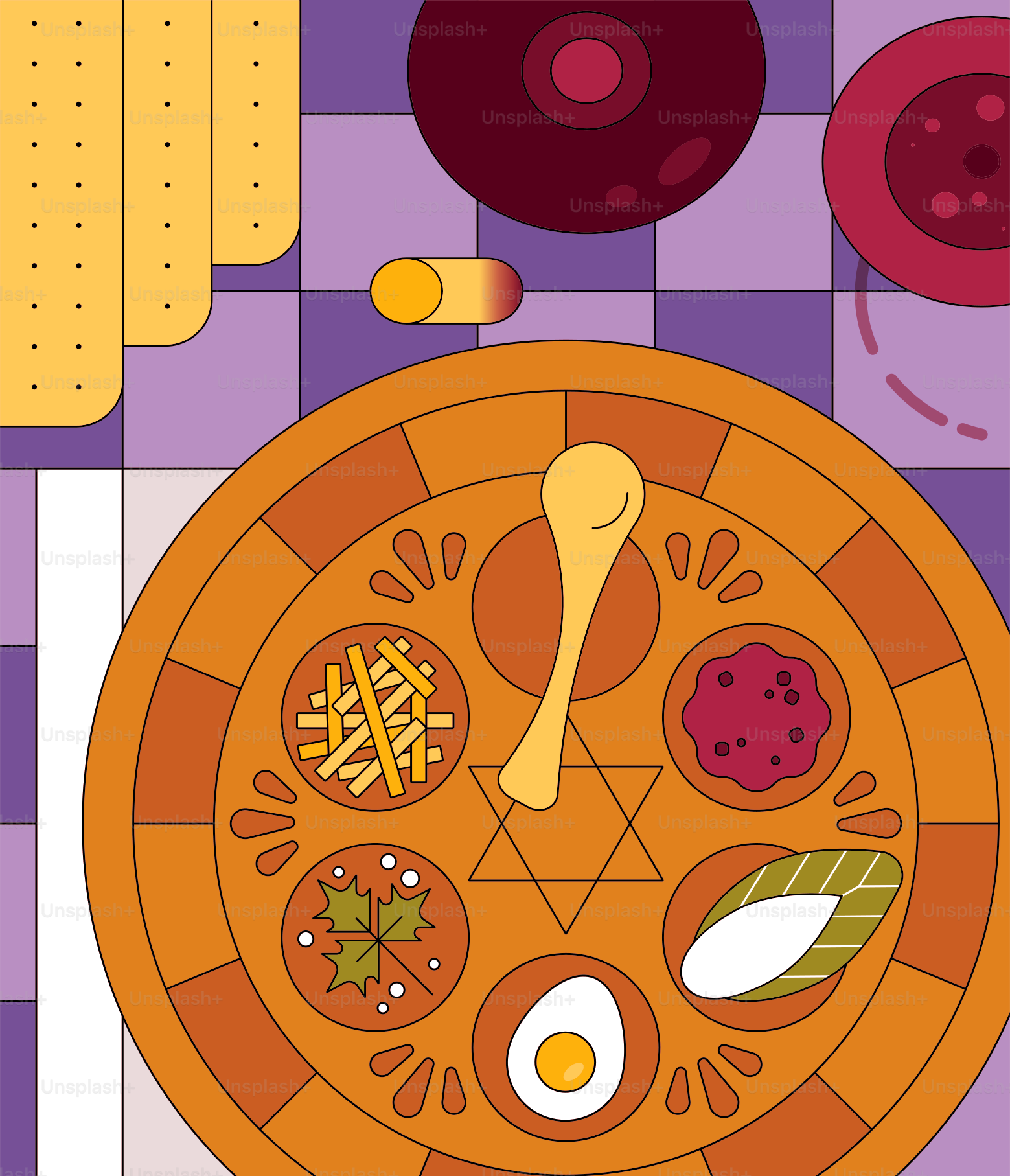 Un piatto per il seder con cibi simbolici e matzah