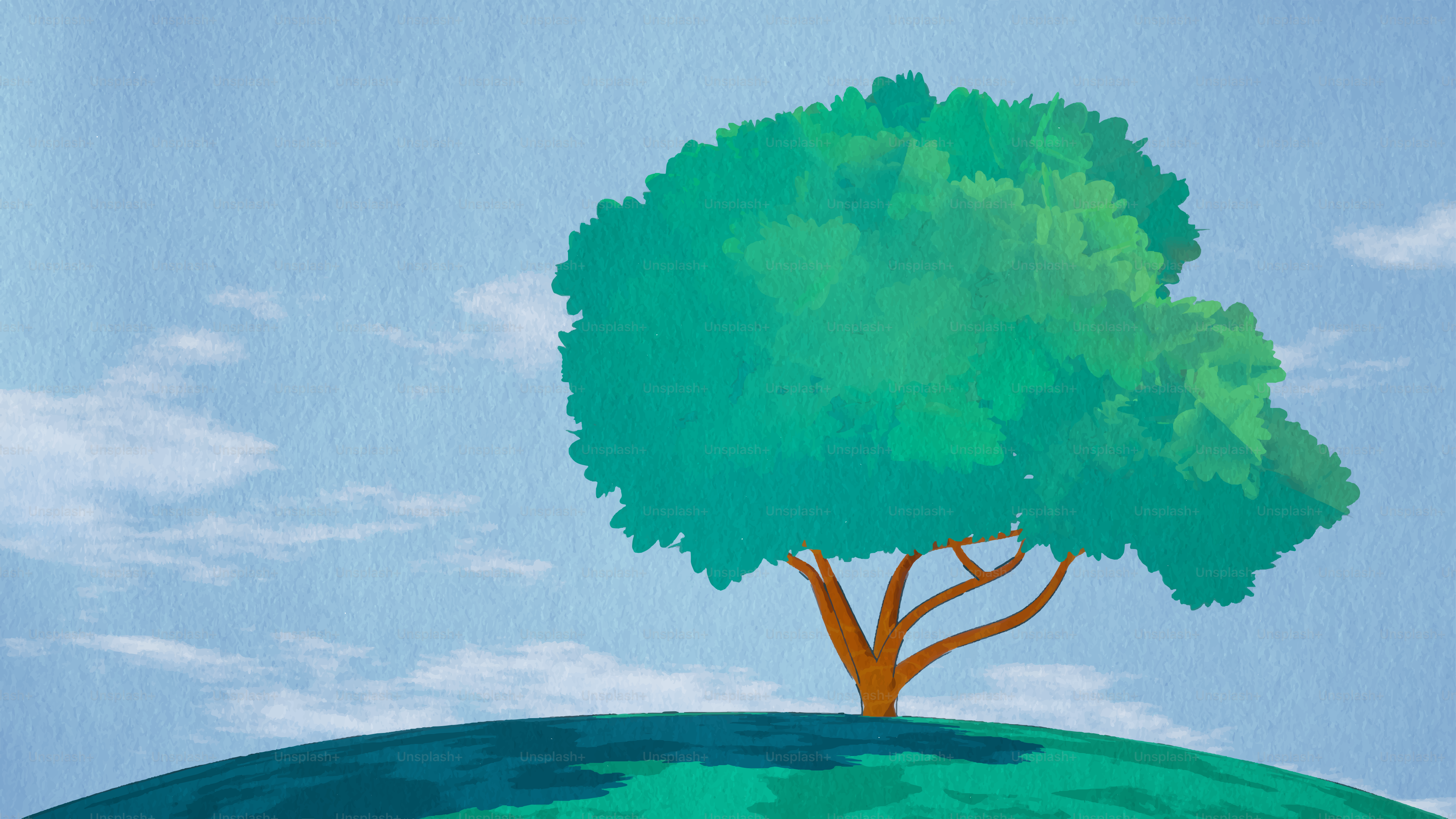 A lone green tree stands on a grassy hill.