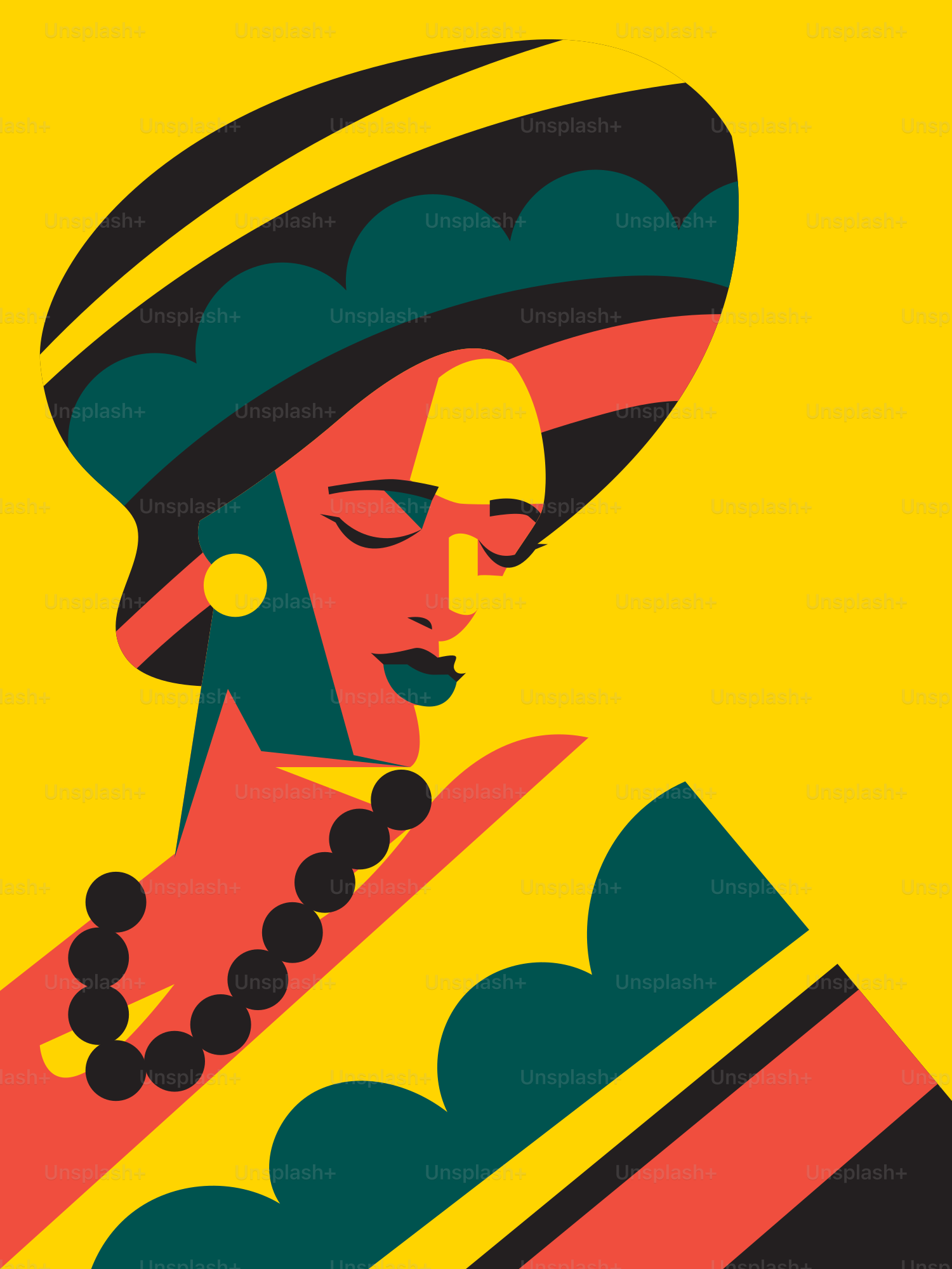 Retrato estilizado de una mujer con una colorida faja y collar.