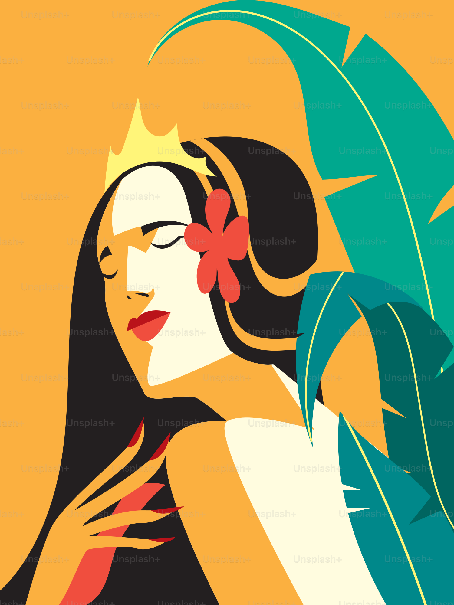 Una mujer con una corona y una flor en el pelo.