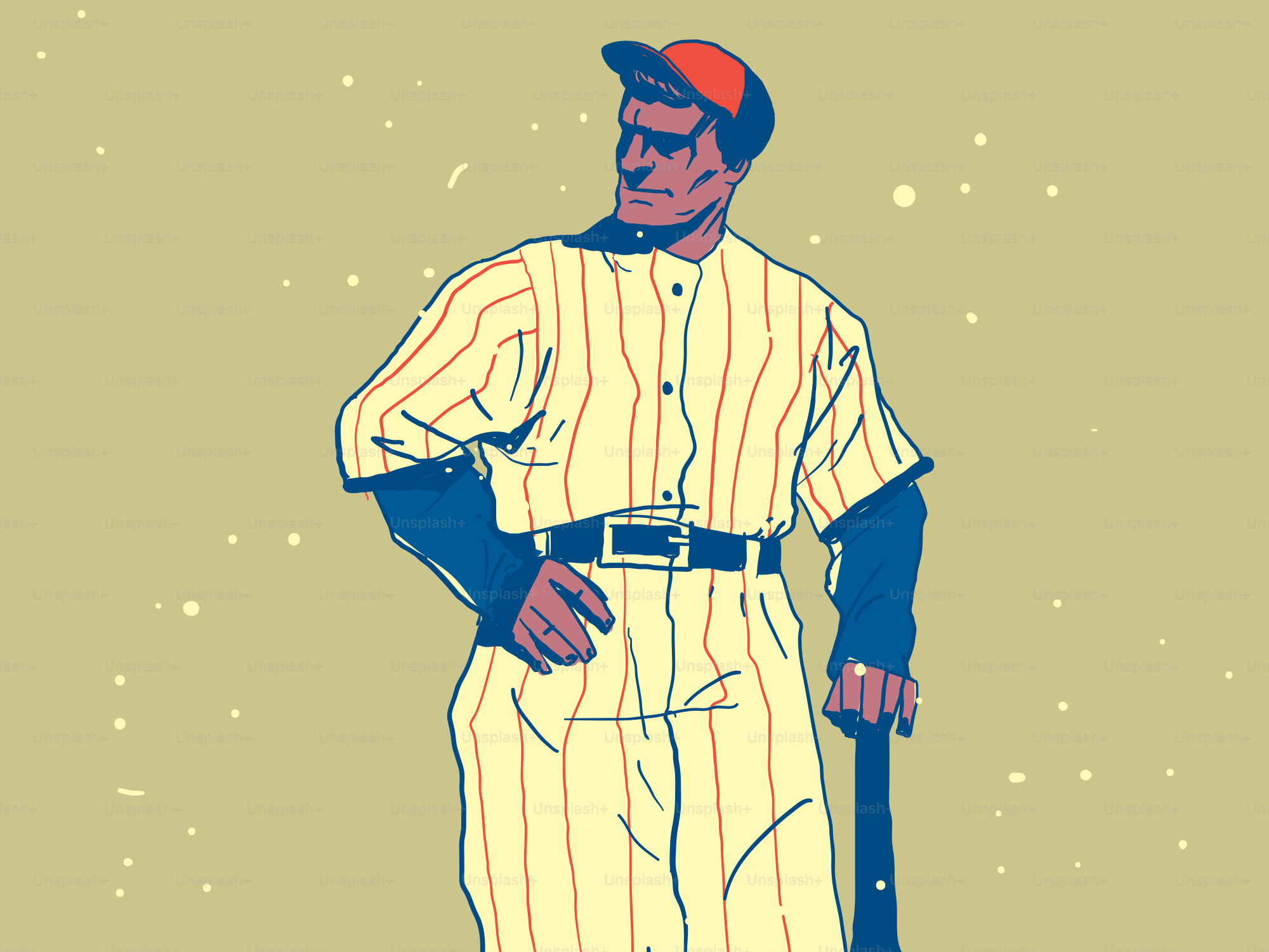 Un jugador de béisbol vintage con uniforme sostiene un bate.