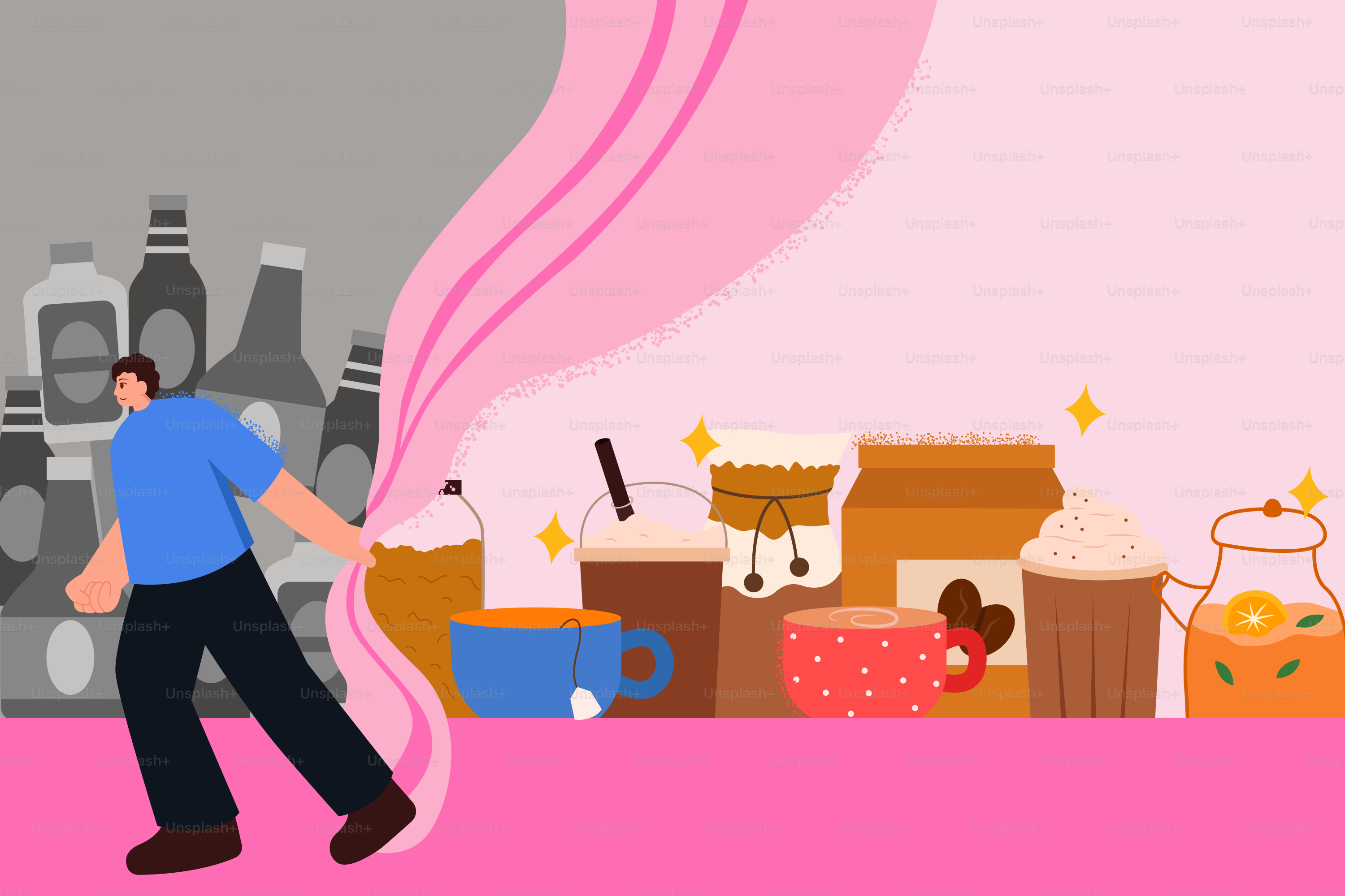 Uomo che si allontana dalle bottiglie grigie verso bevande colorate