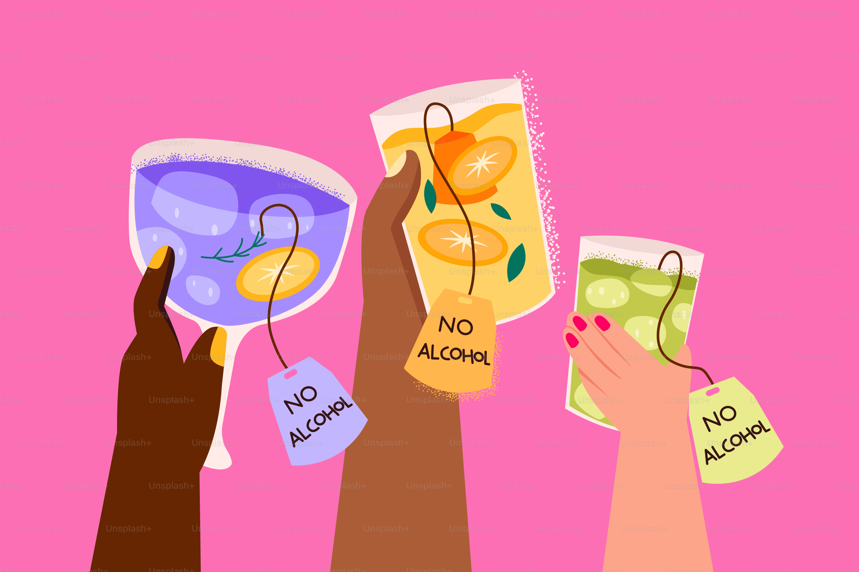 Mani che tengono bevande analcoliche con etichette 'no alcohol'