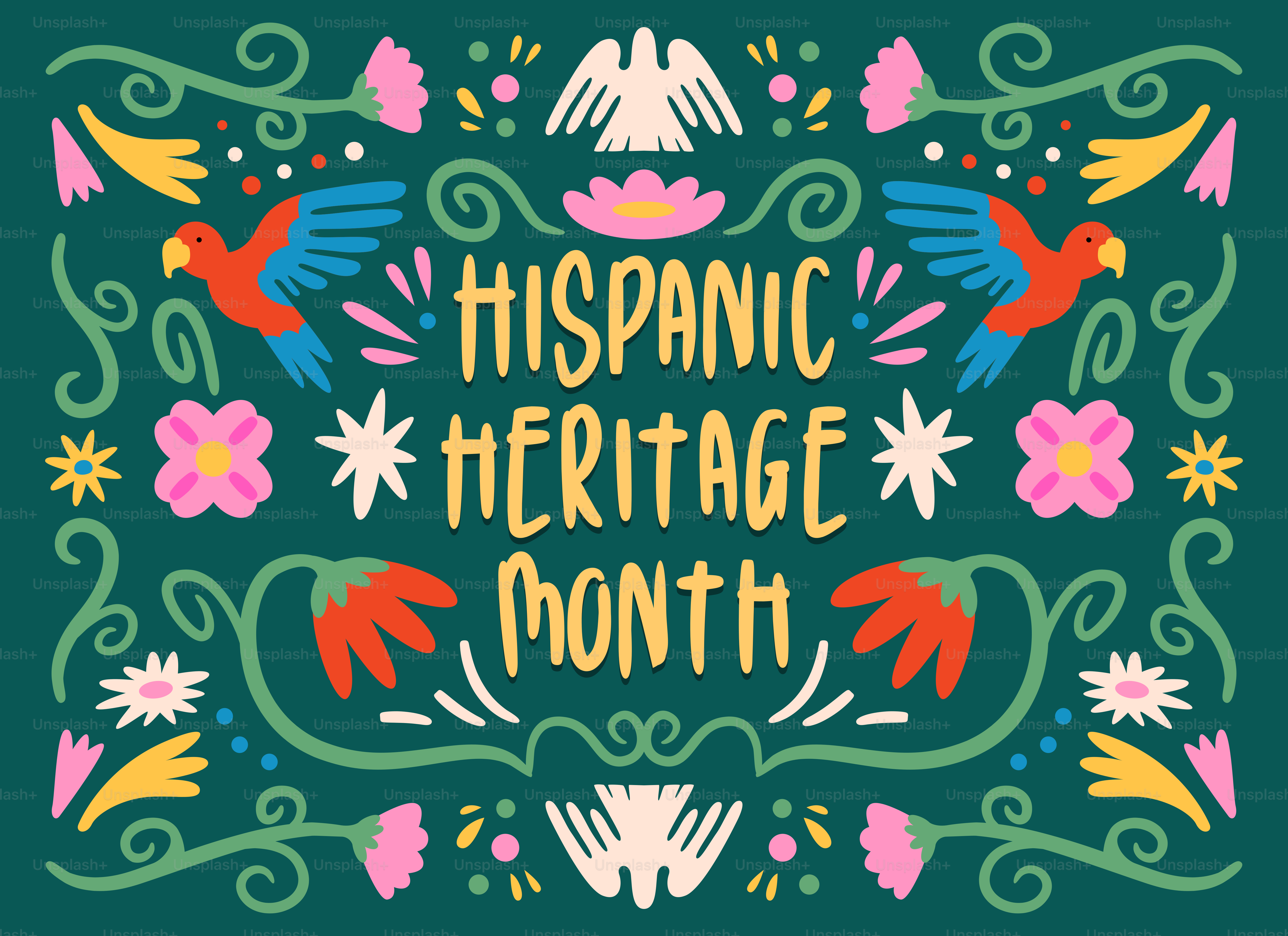 Hispanic heritage month floral and parrot illustration
