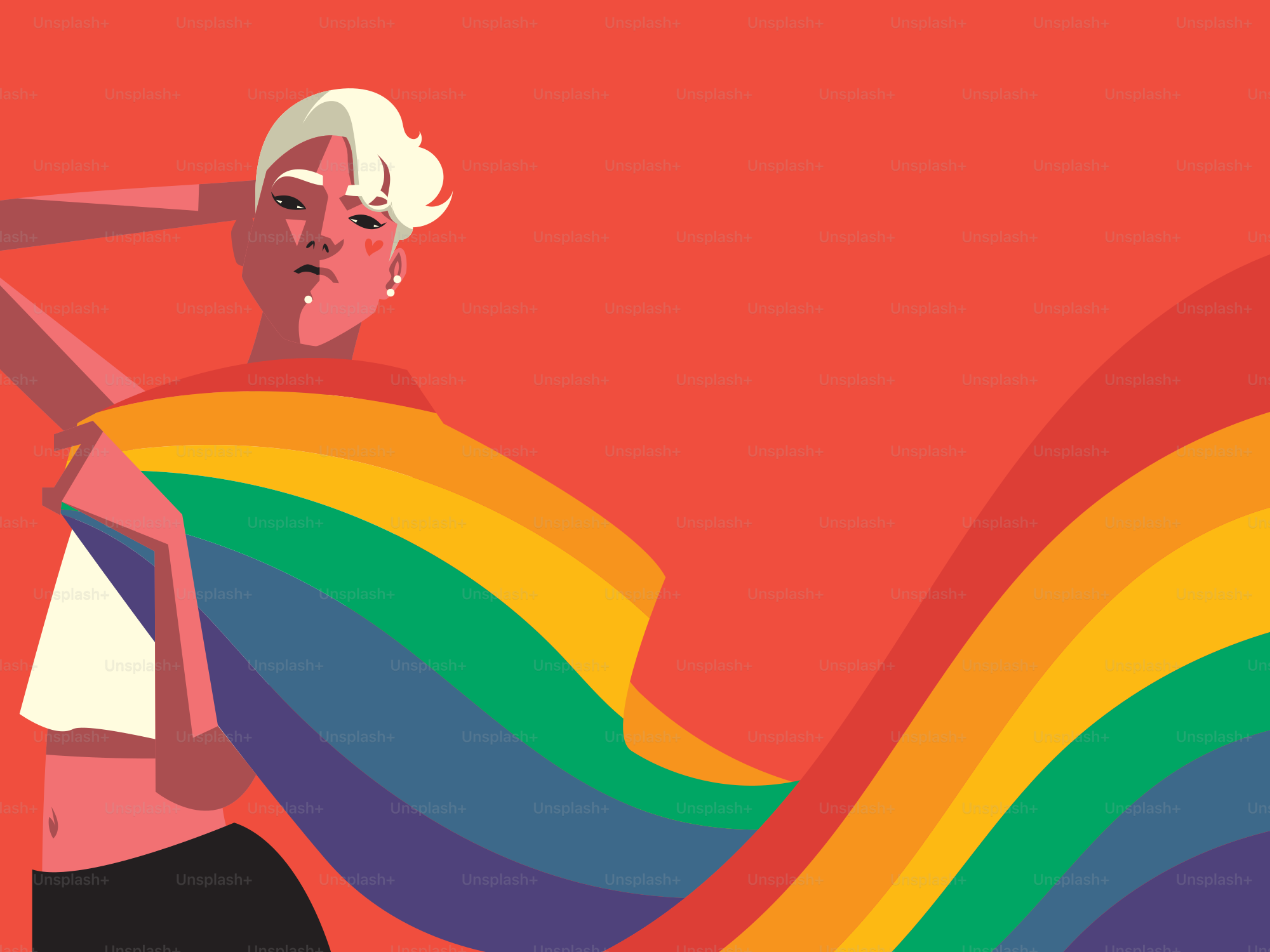 Persona sosteniendo una bandera arcoíris sobre un fondo rojo