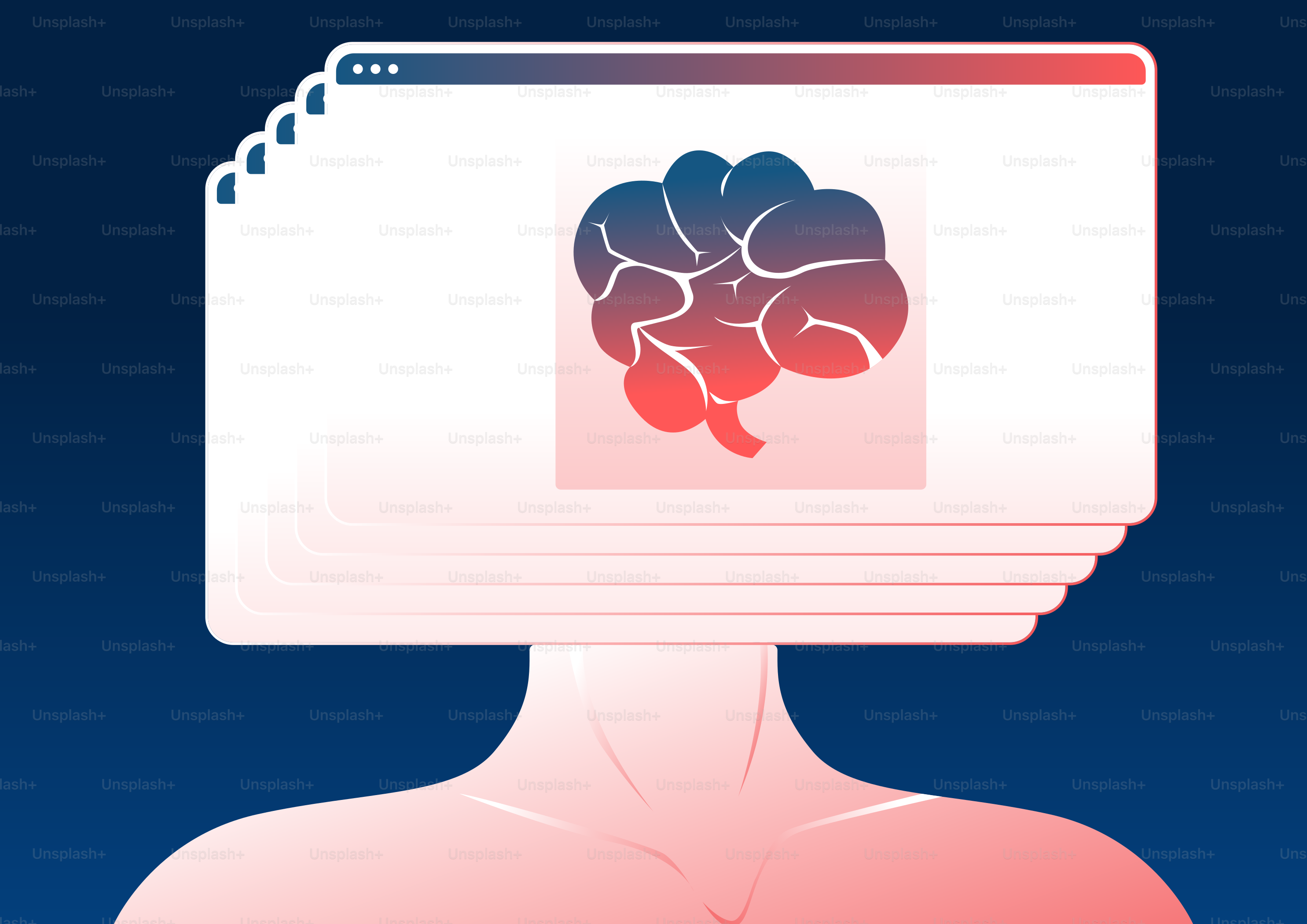 Human head with browser windows showing a brain