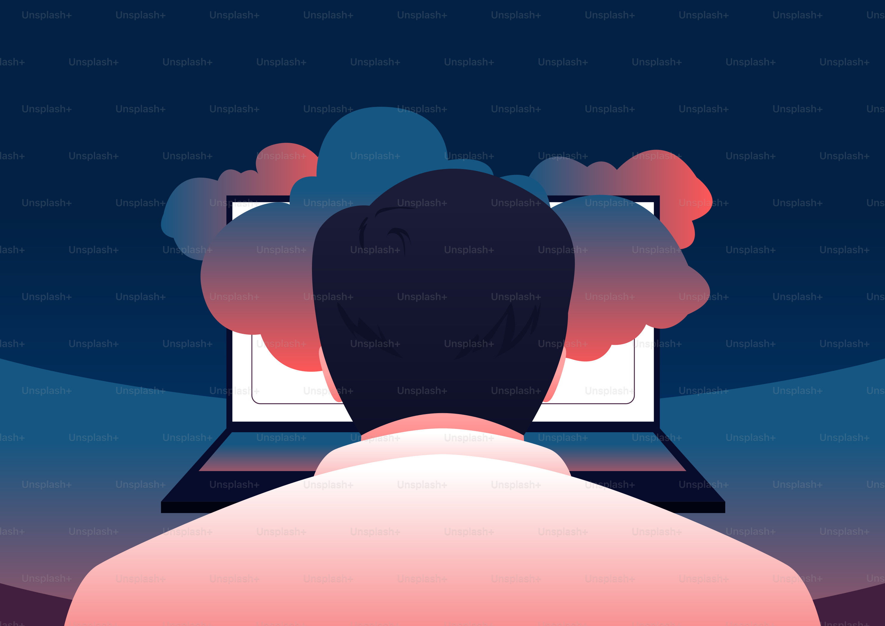 Man looking at laptop with clouds emerging