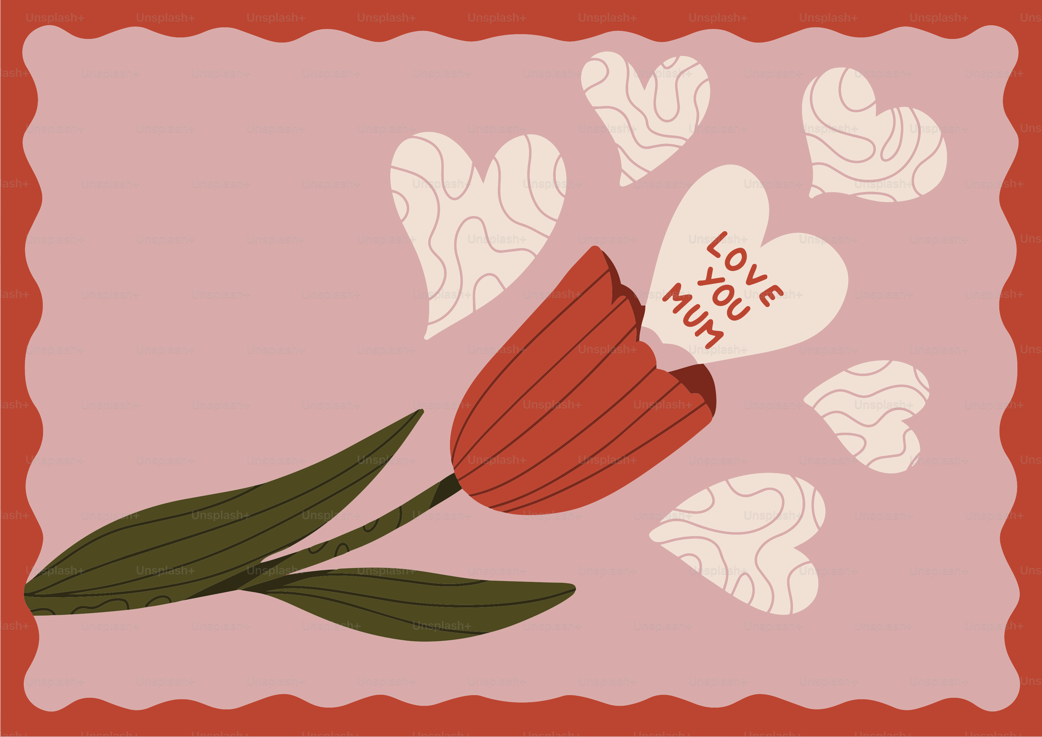 Red tulip with hearts saying love you mum