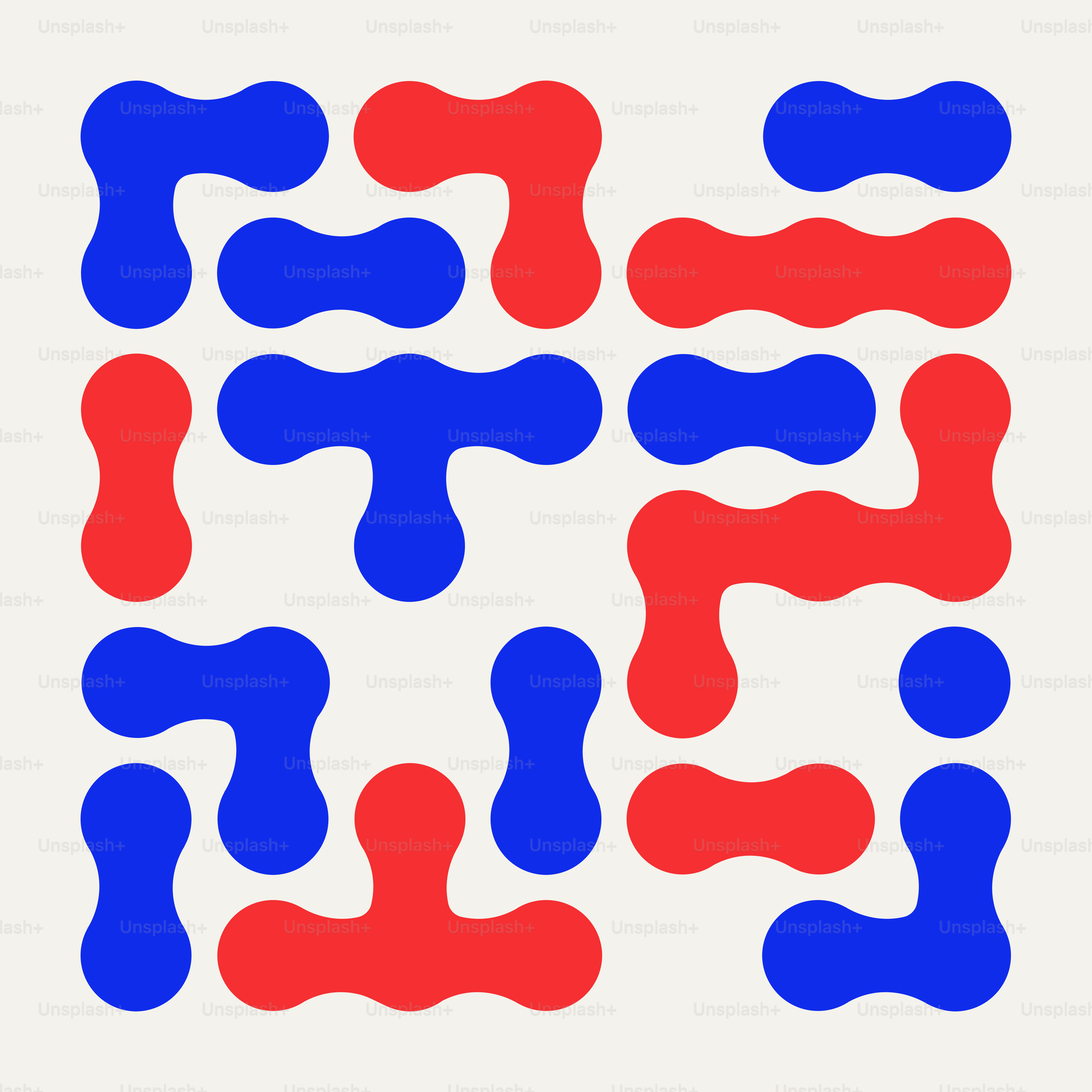 Rote und blaue abstrakte Formen auf einem cremefarbenen Hintergrund angeordnet.