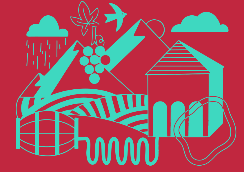 Vineyard landscape with mountains, building, and rain