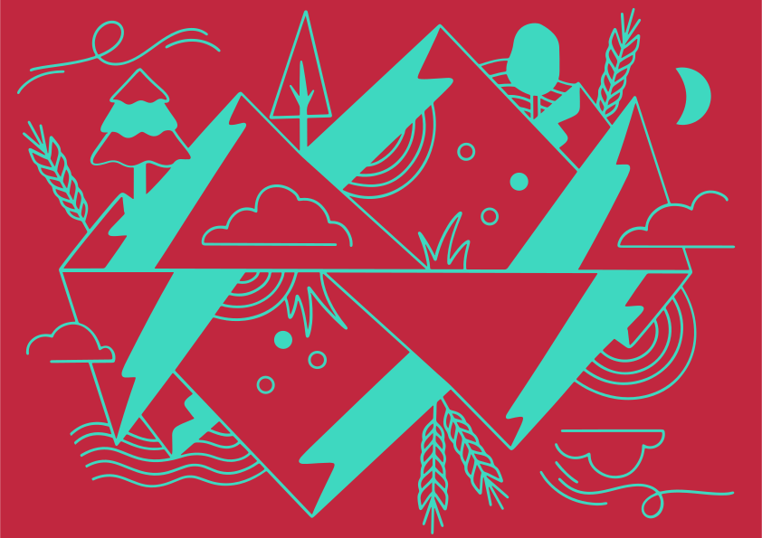 Geometrische Berglandschaft mit Bäumen und Mond