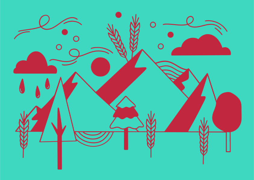 Stilisierte Berglandschaft mit Bäumen und Wolken