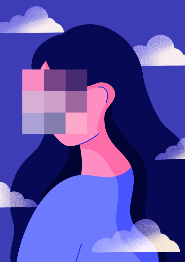 Mujer con rostro pixelado entre nubes