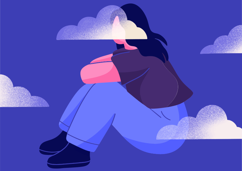 Una persona sentada en las nubes bajo un cielo azul oscuro.