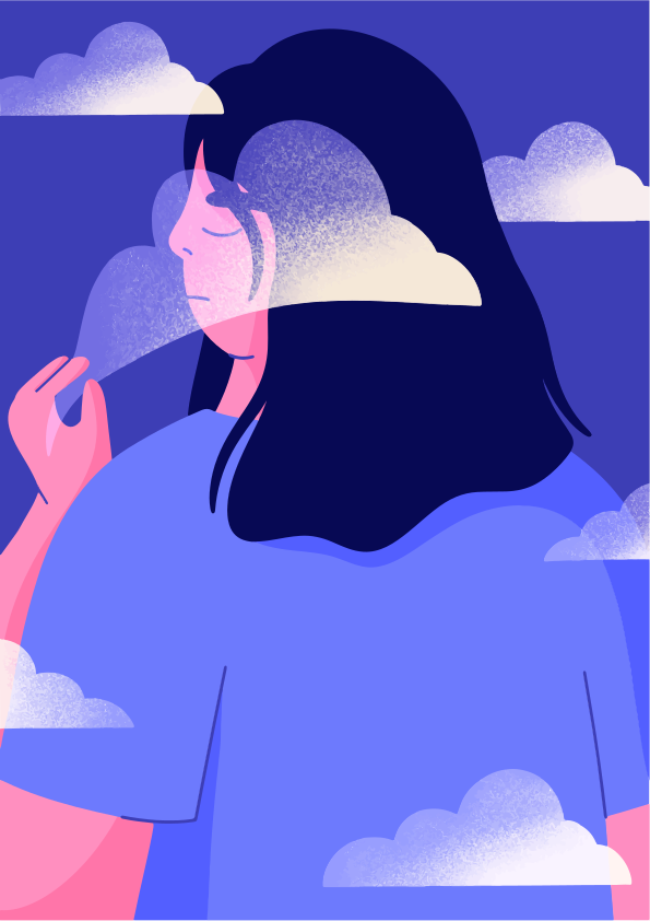 Woman with eyes closed surrounded by clouds