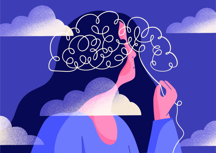 Mujer con pensamientos enredados representados como nubes
