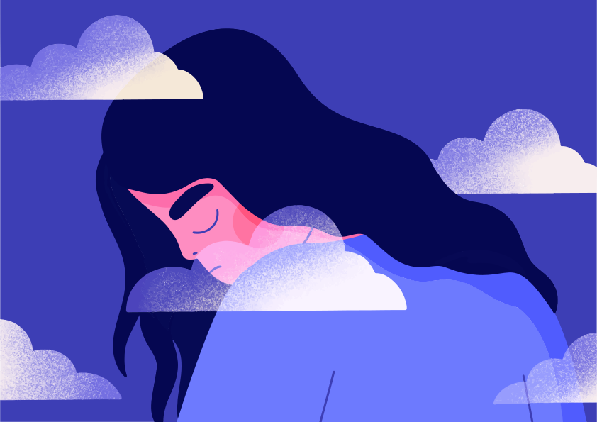 Mujer con los ojos cerrados rodeada de nubes