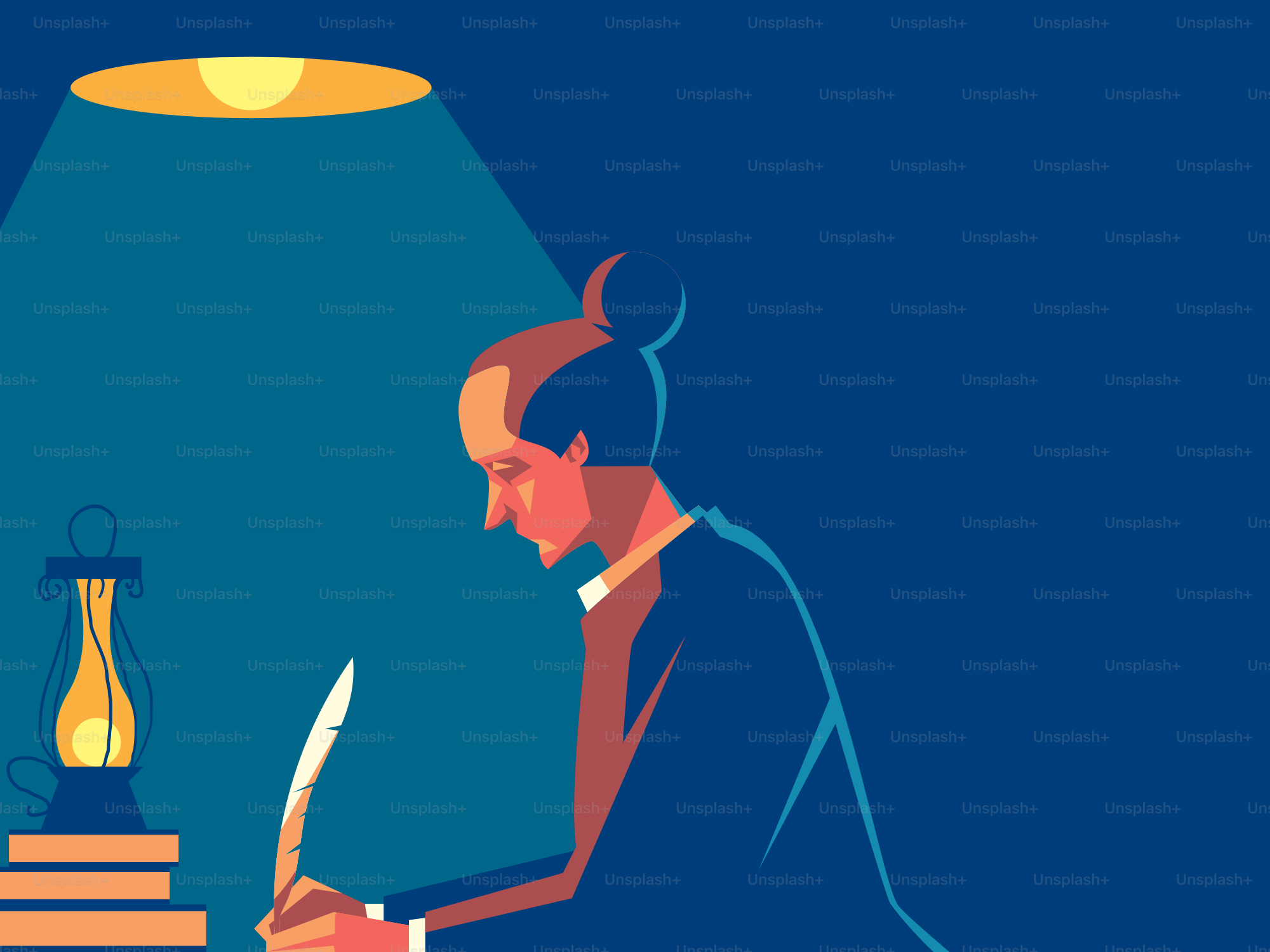 Woman writing with quill pen under lamplight