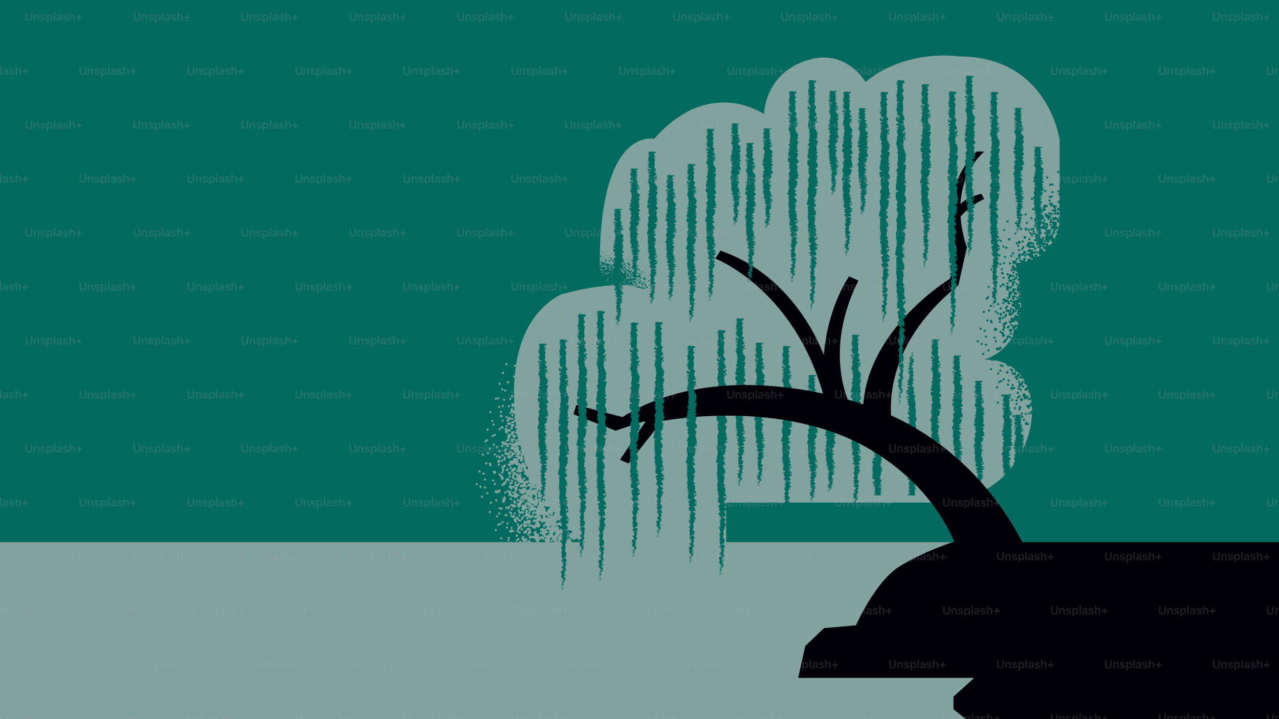 A weeping willow tree on a cliff overlooking water.