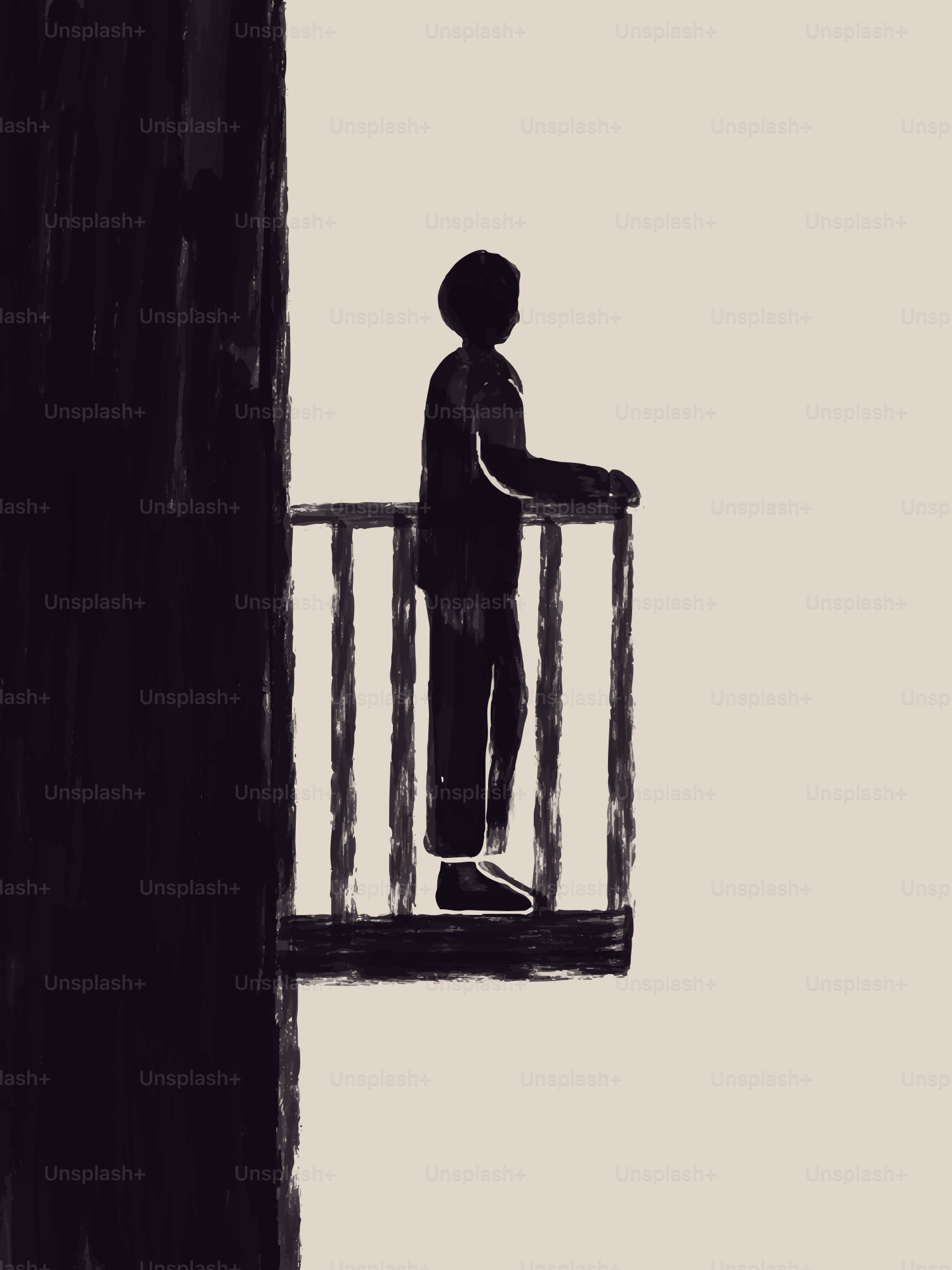 Silhouette einer Person, die auf einem Balkon steht und hinausschaut