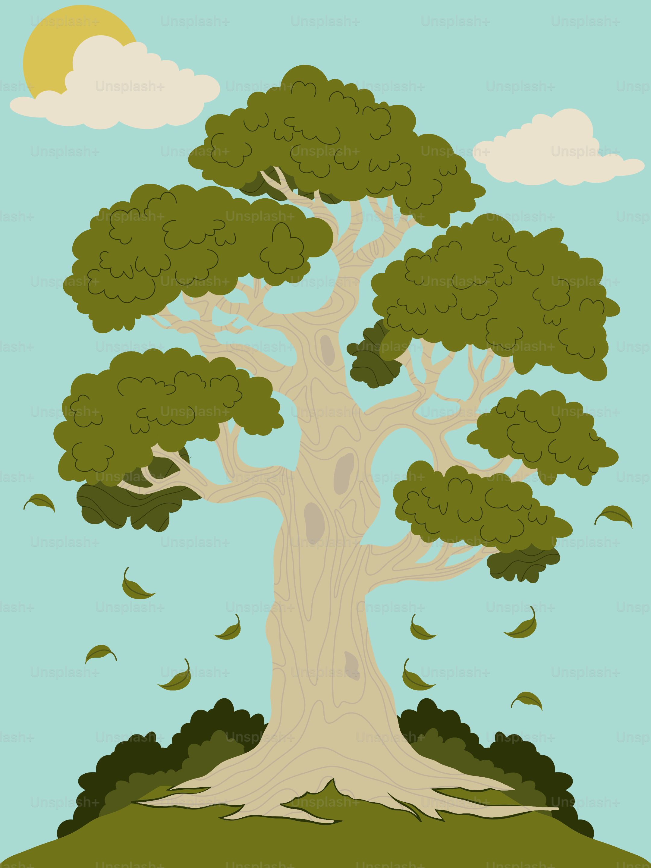 A large tree with falling leaves under a sunny sky