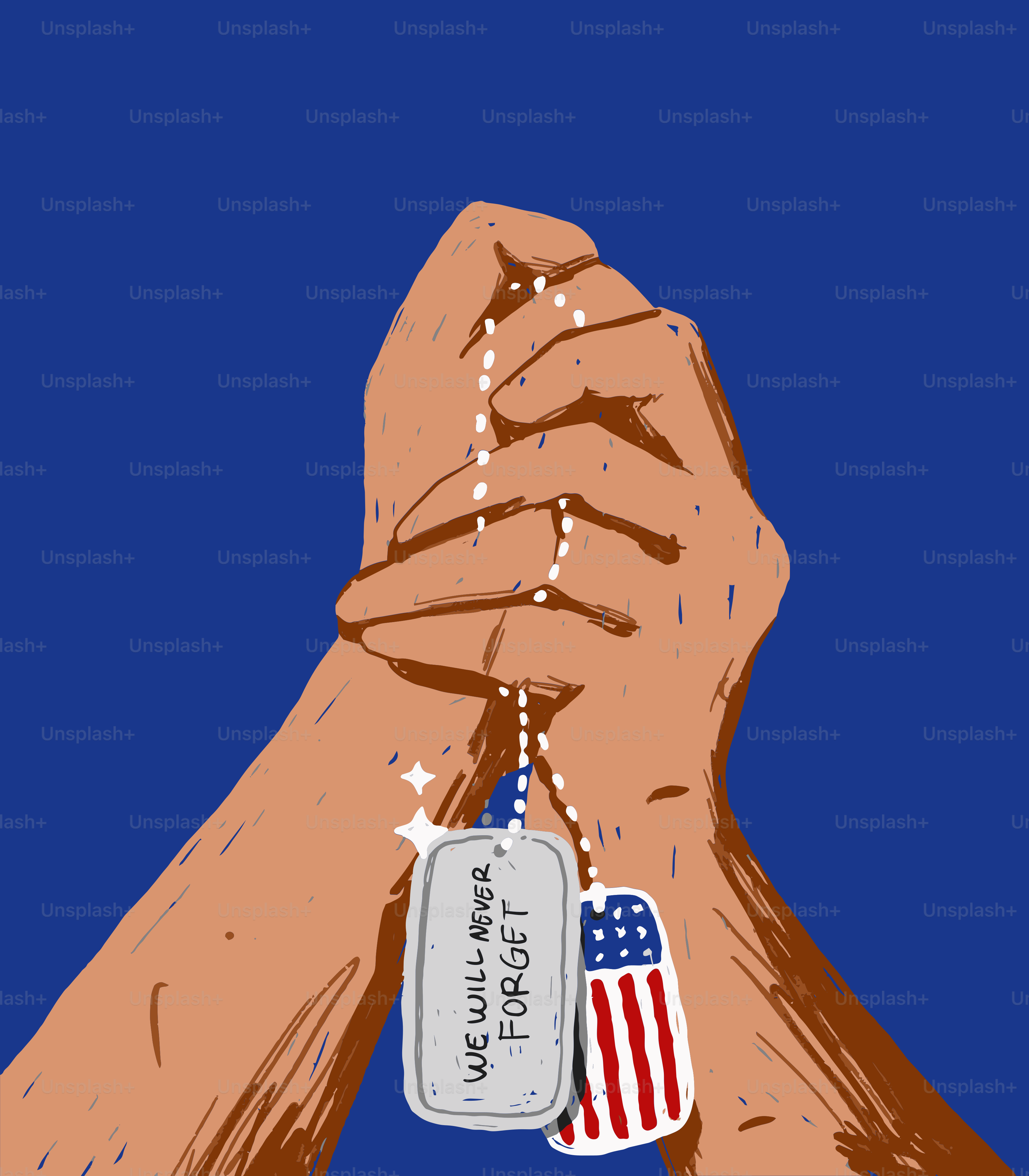 アメリカ国旗の入ったドッグタグを両手で握りしめている。