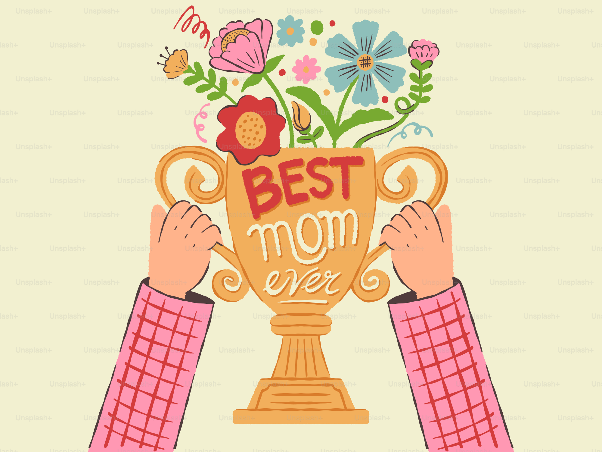 Des mains tenant un trophée avec des fleurs et « meilleure maman du monde »