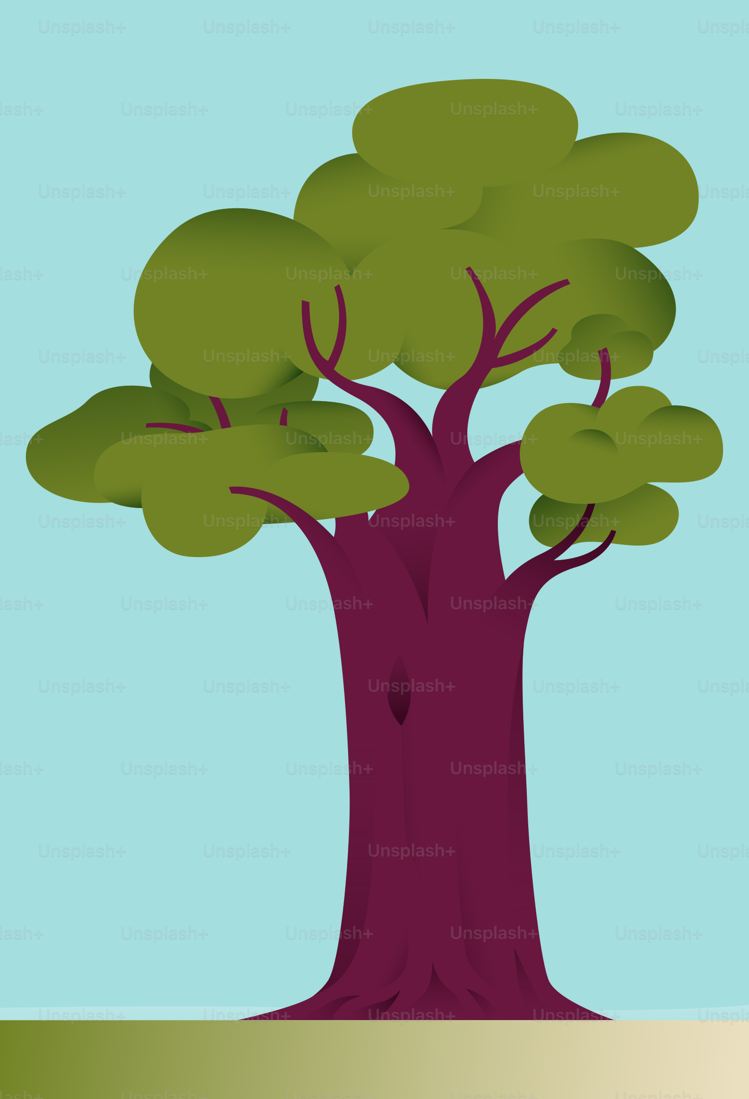 紫色の幹と緑の葉を持つ様式化された木。