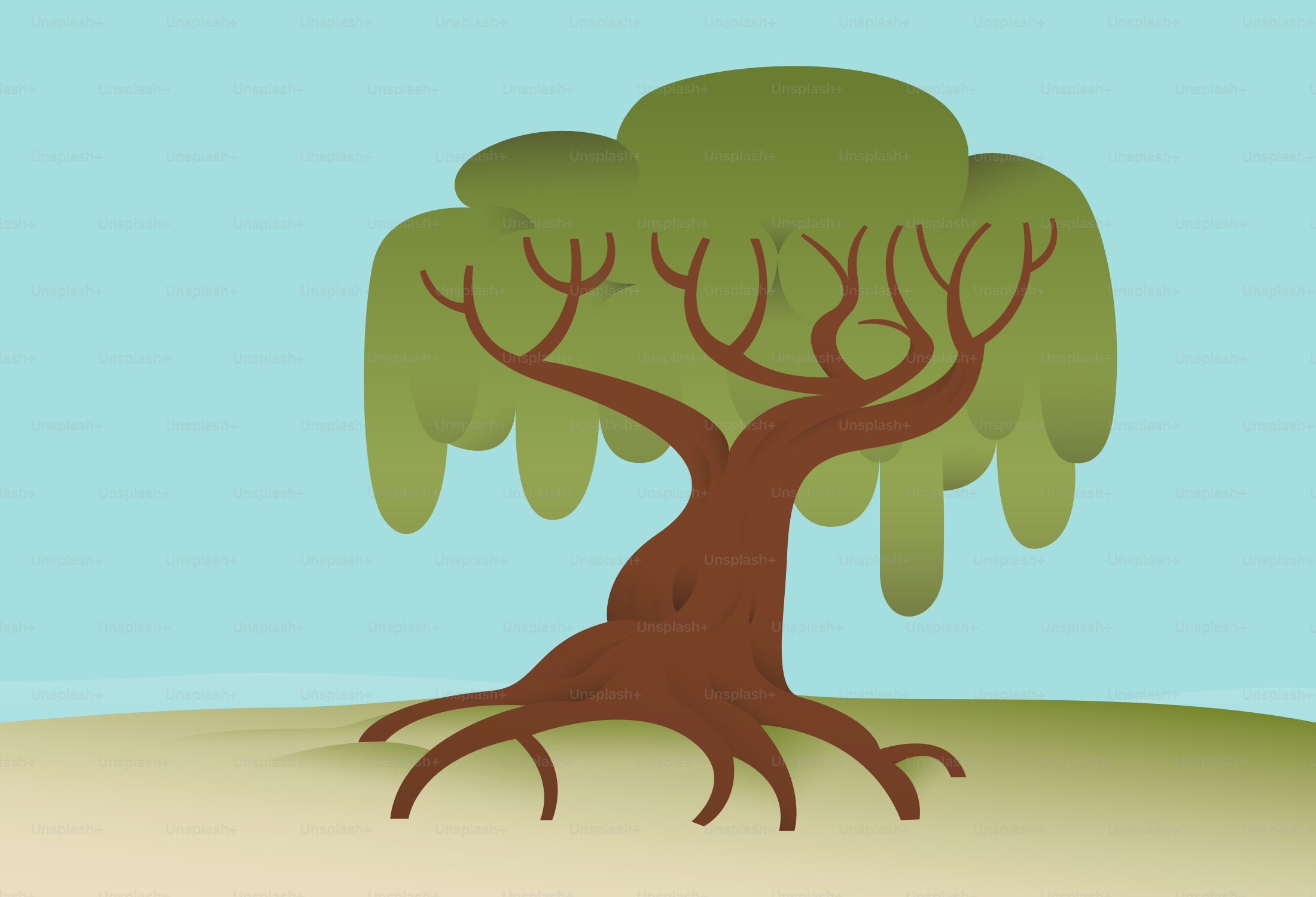 緑の葉と露出した根を持つ様式化された木。