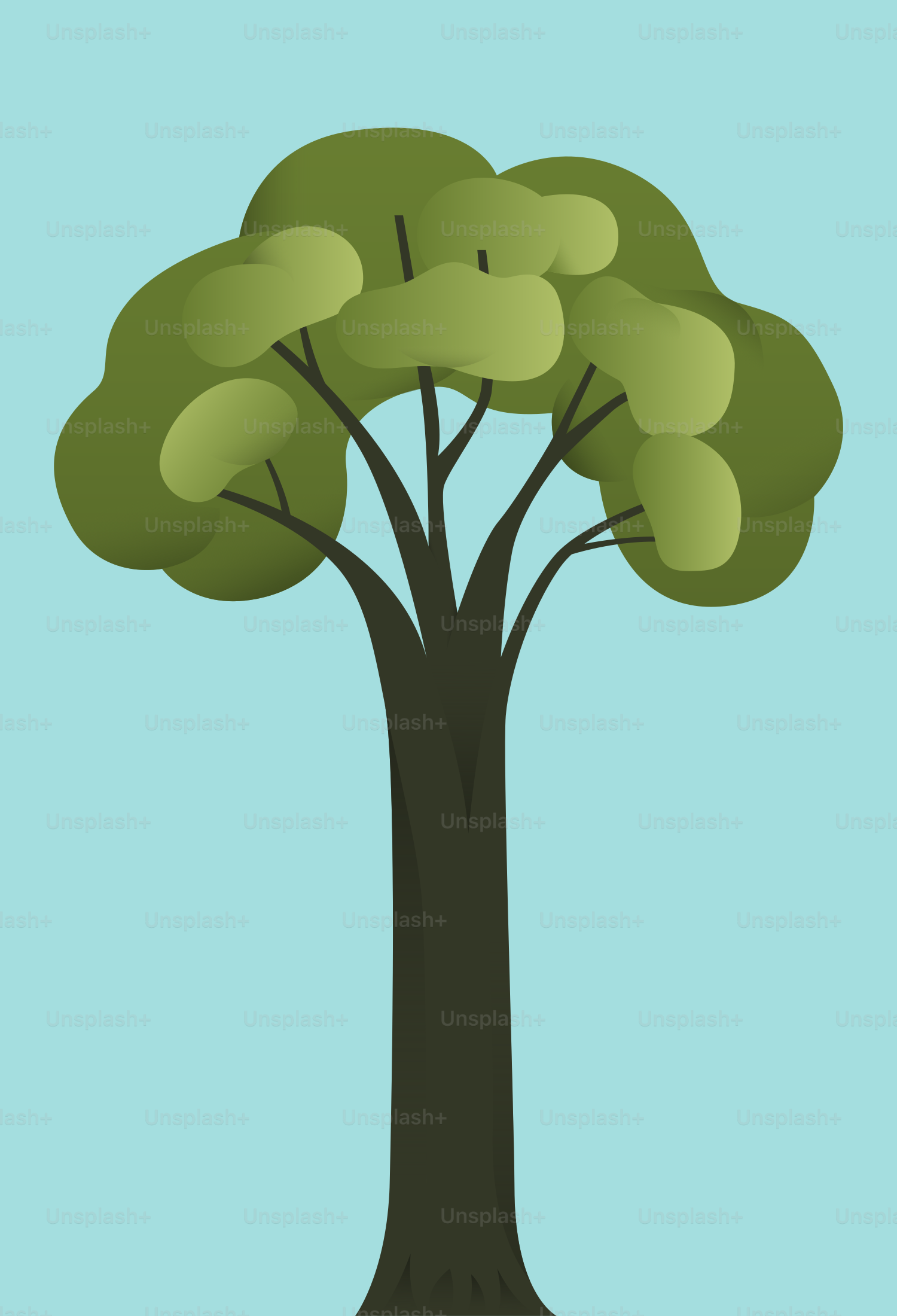 青い背景にスタイライズされた緑の木