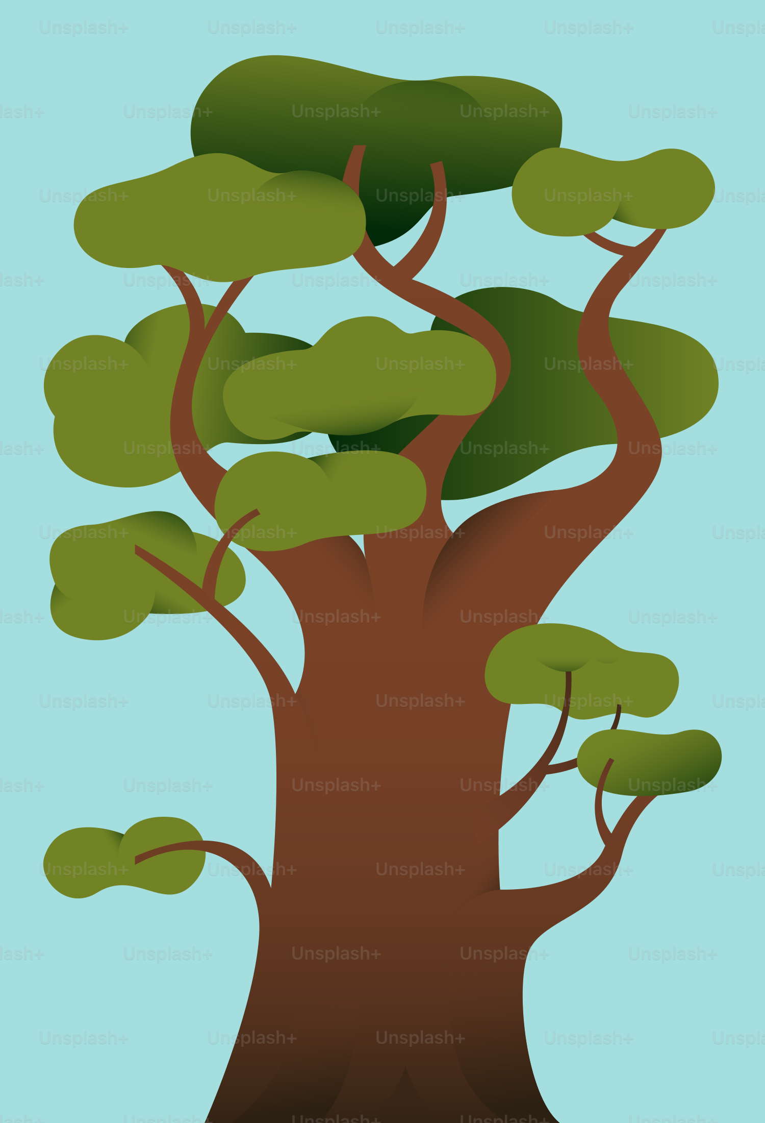 青い背景に緑の葉が背景にスタイライズされた茶色の木