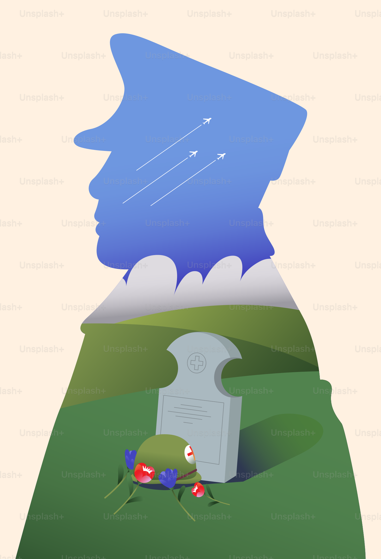 Die Silhouette eines Soldaten, gefüllt mit einer Landschaft und einem Denkmal.