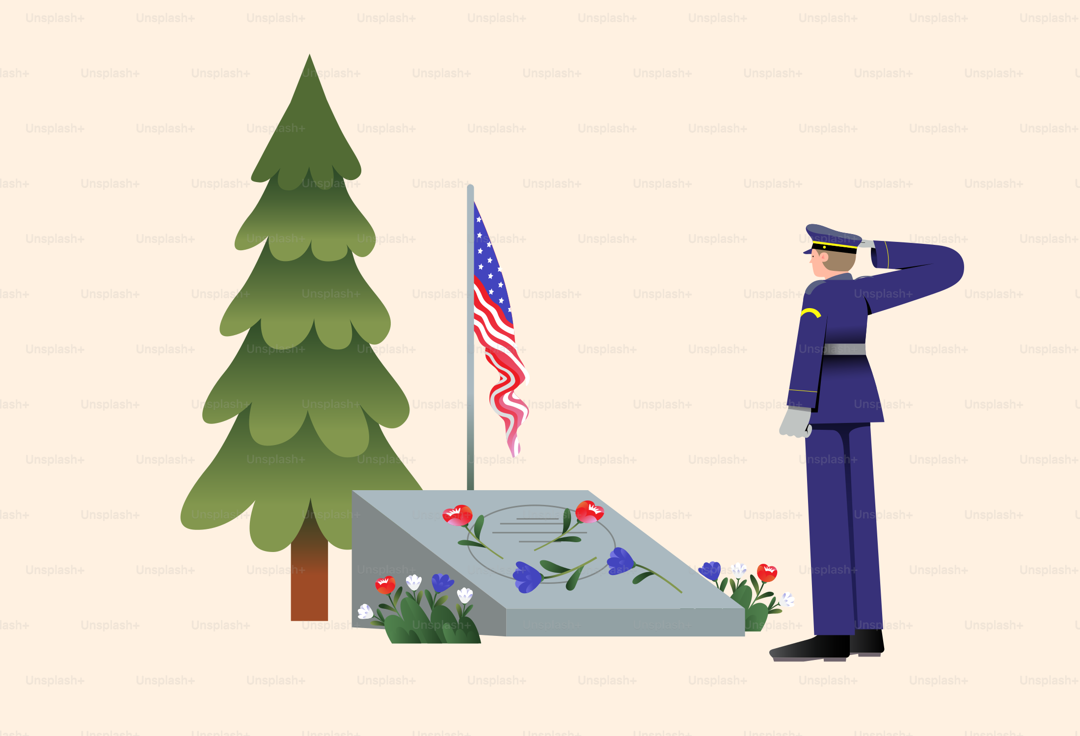 Soldat salutiert an einem Denkmal mit amerikanischer Flagge.