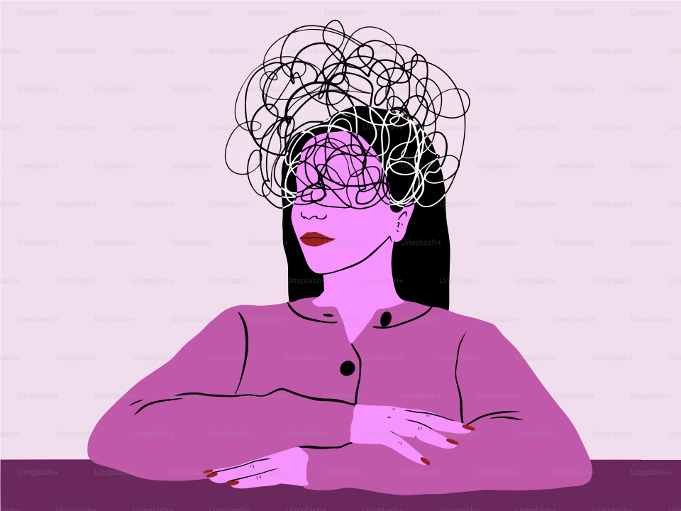 Woman with tangled thoughts in her mind