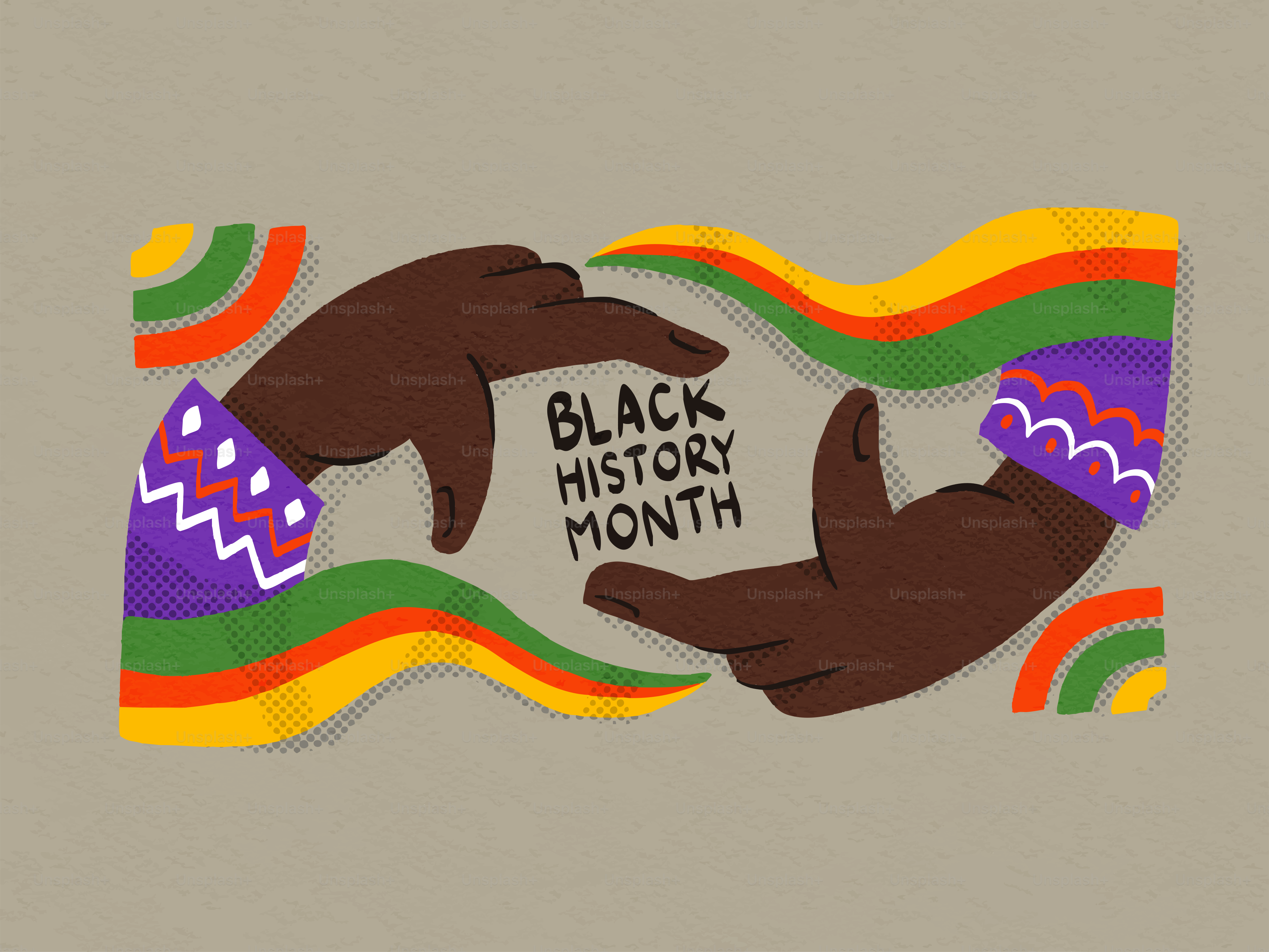 カラフルな波で「黒人歴史月間」を縁取る手。