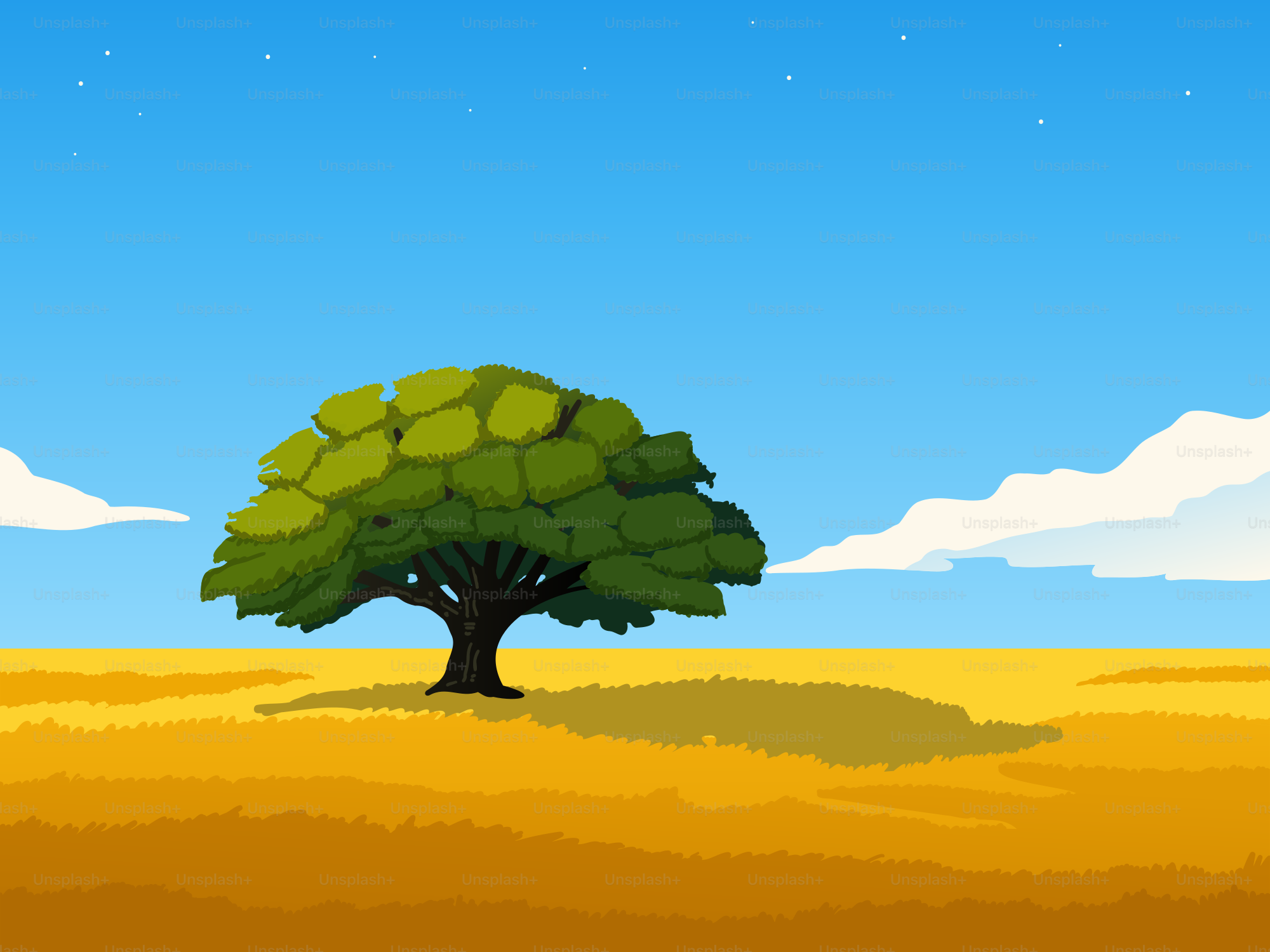 Un árbol solitario se alza en un campo seco y cubierto de hierba.