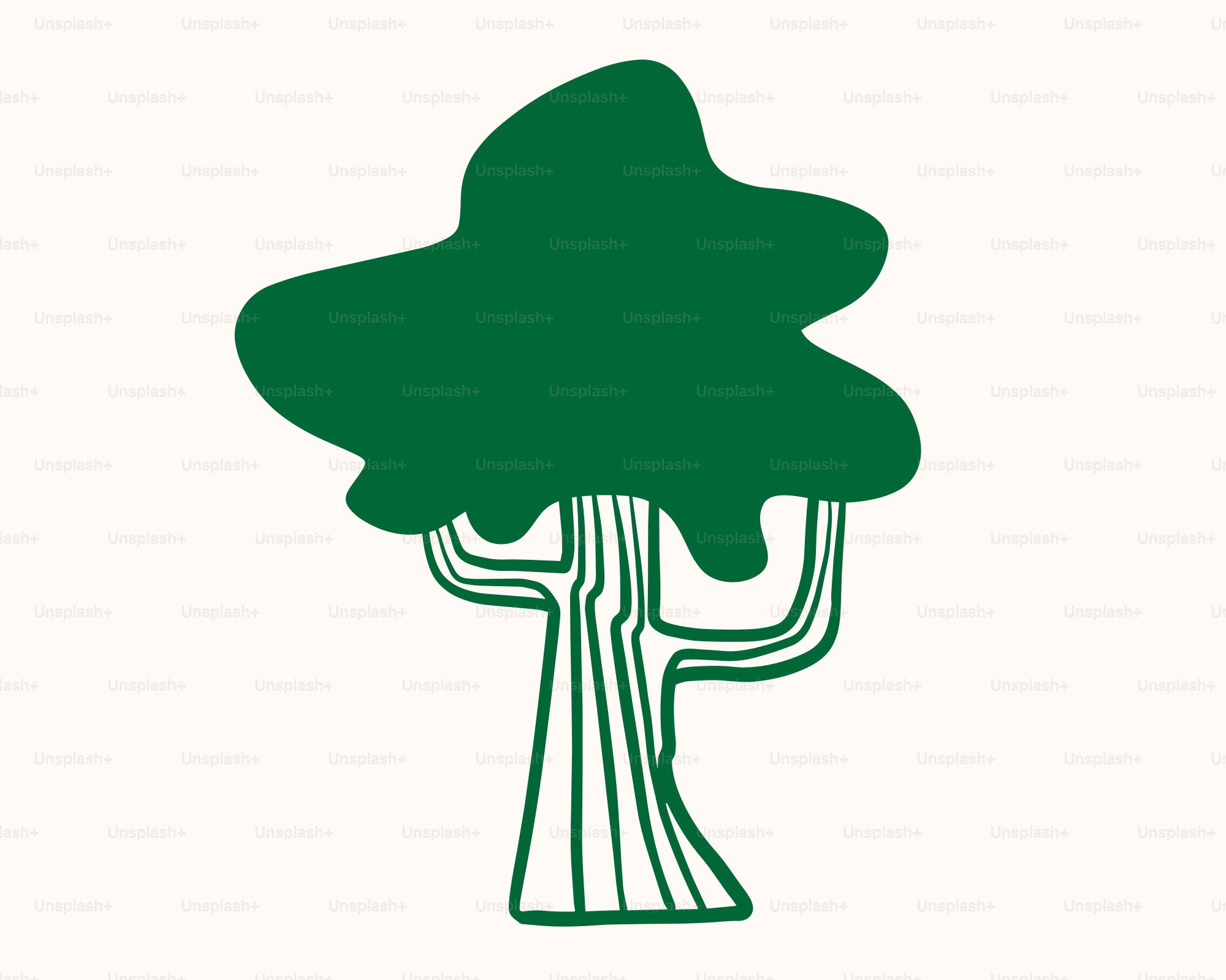 Albero verde stilizzato con tronco astratto e forme organiche.