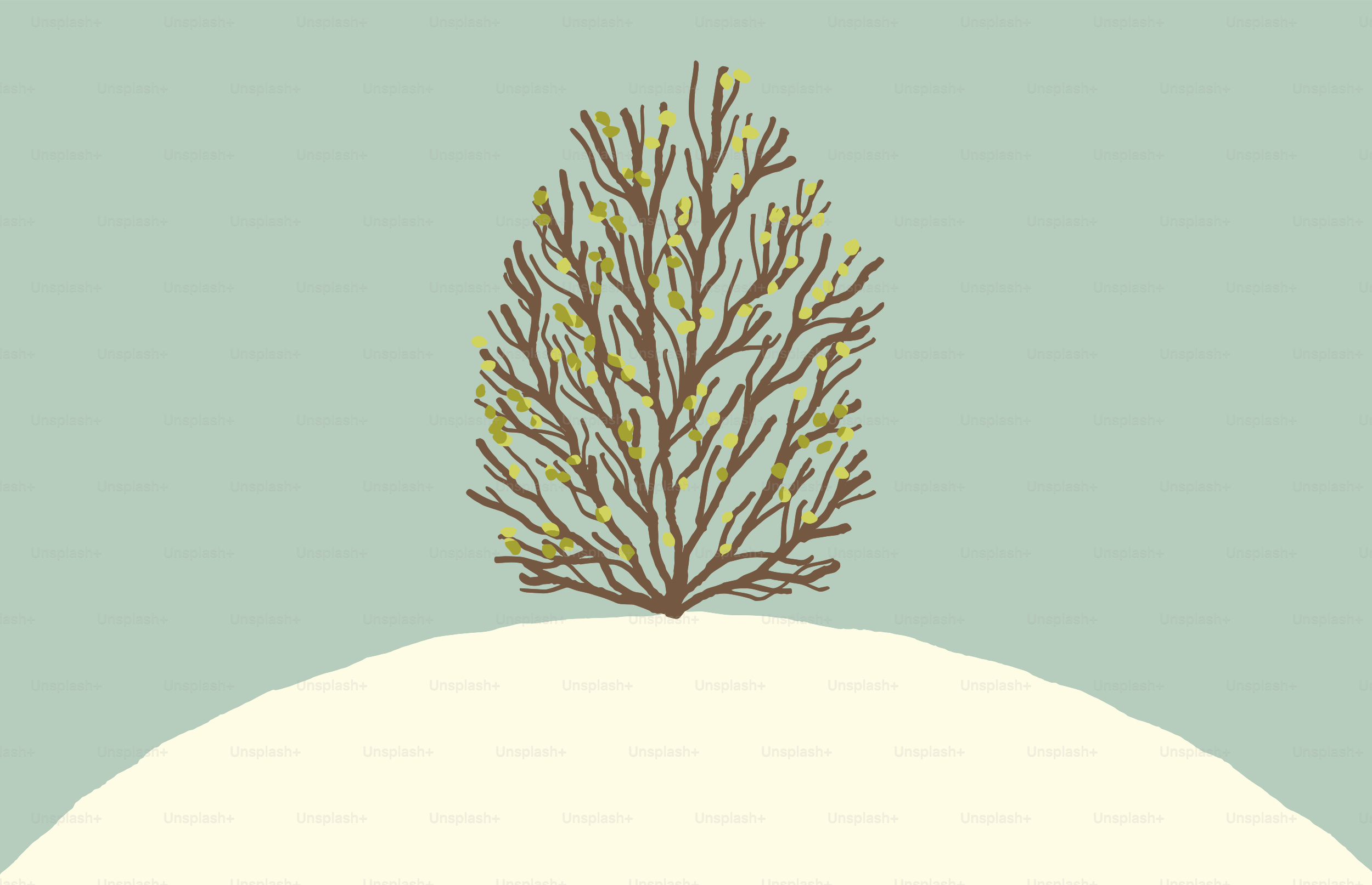 雪の丘に生えた黄色い蕾の裸木