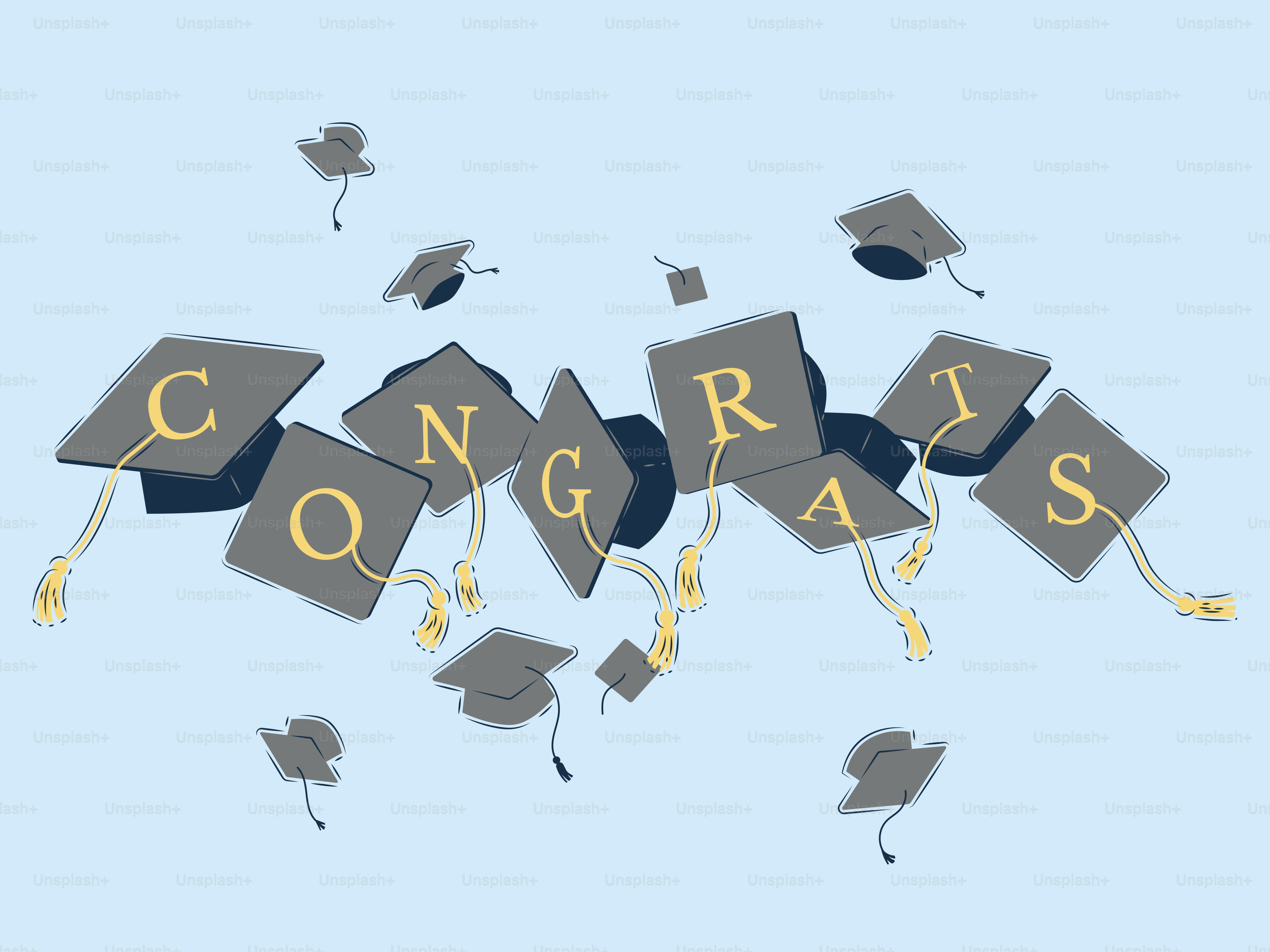 Bonnets de remise des diplômes avec un texte « félicitations » volant