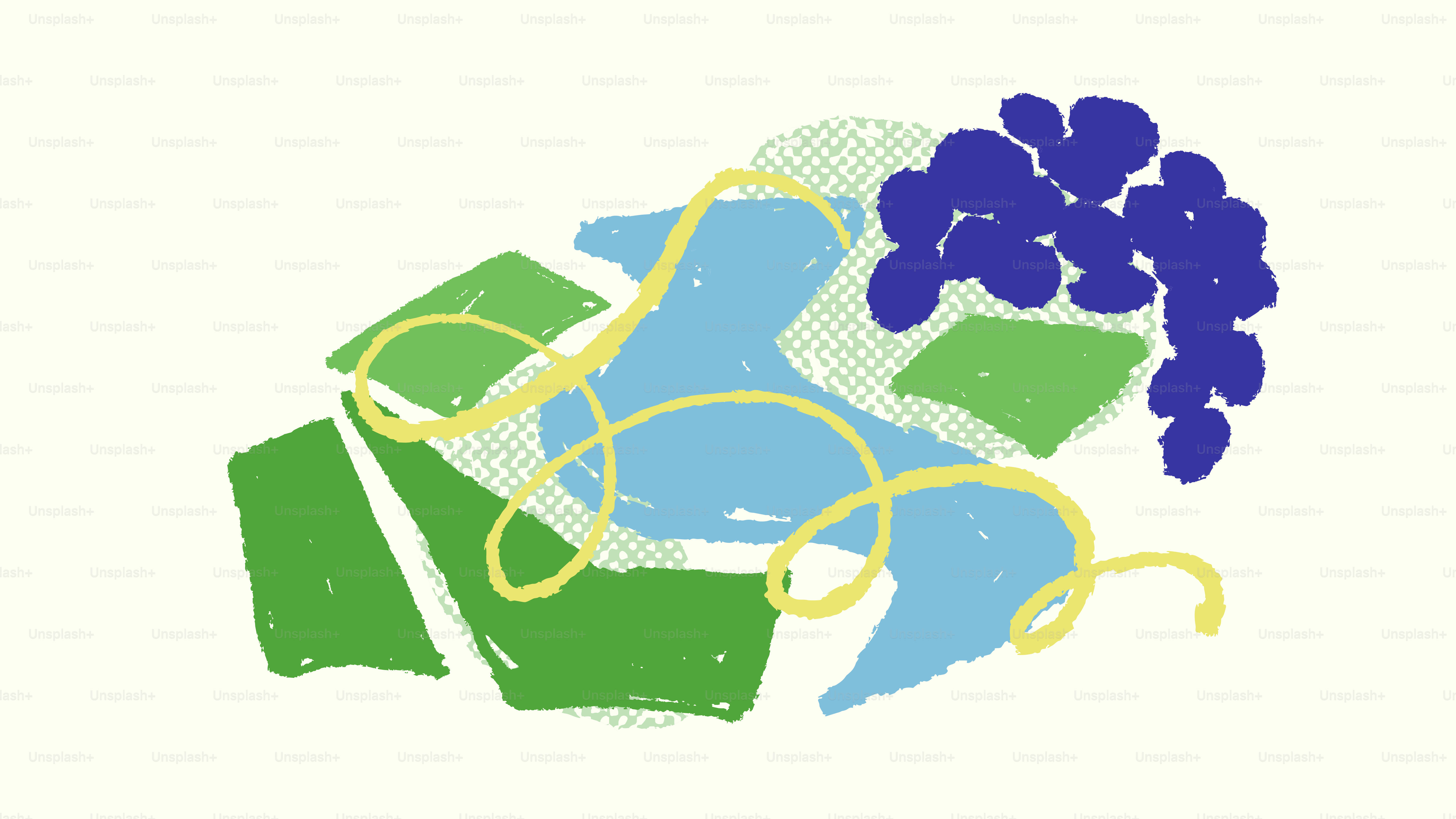 Art abstrait avec des éléments bleus, verts, jaunes et violets.